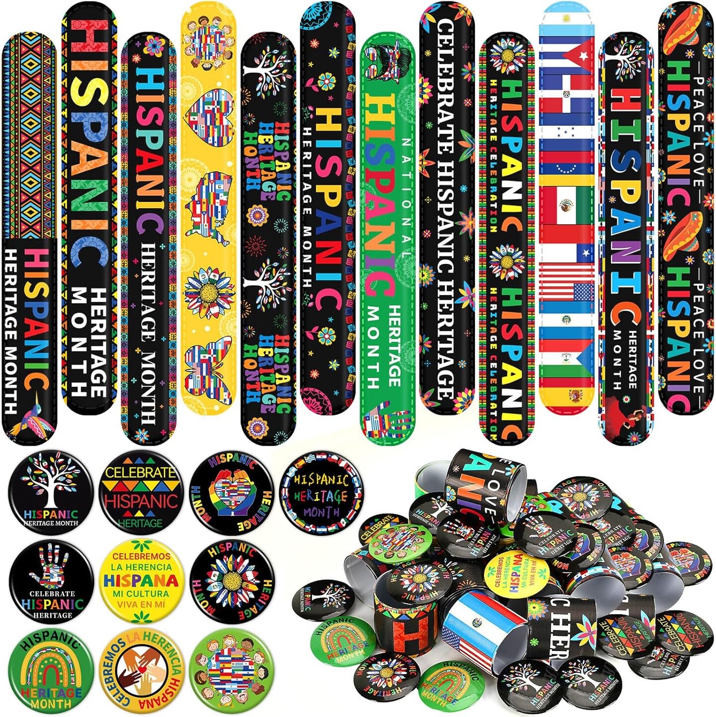 50Pcs Hispanic Heritage Month Party Favors, Slap Bracelets and Badge Pins Bulk