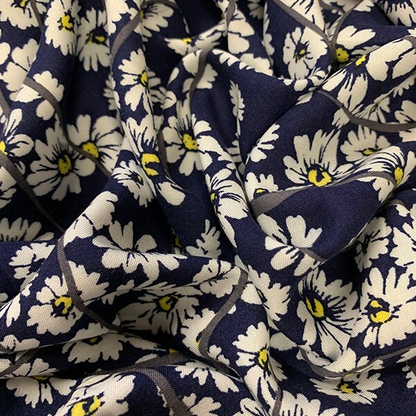 White and Yellow Daisy Print Rayon Challis Fabric By the Yard