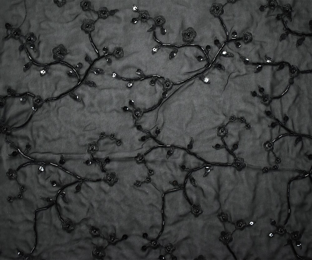 Black Polyester Embroidered Floral Vine Sequin Beaded Chiffon Woven Fabric By the Yard