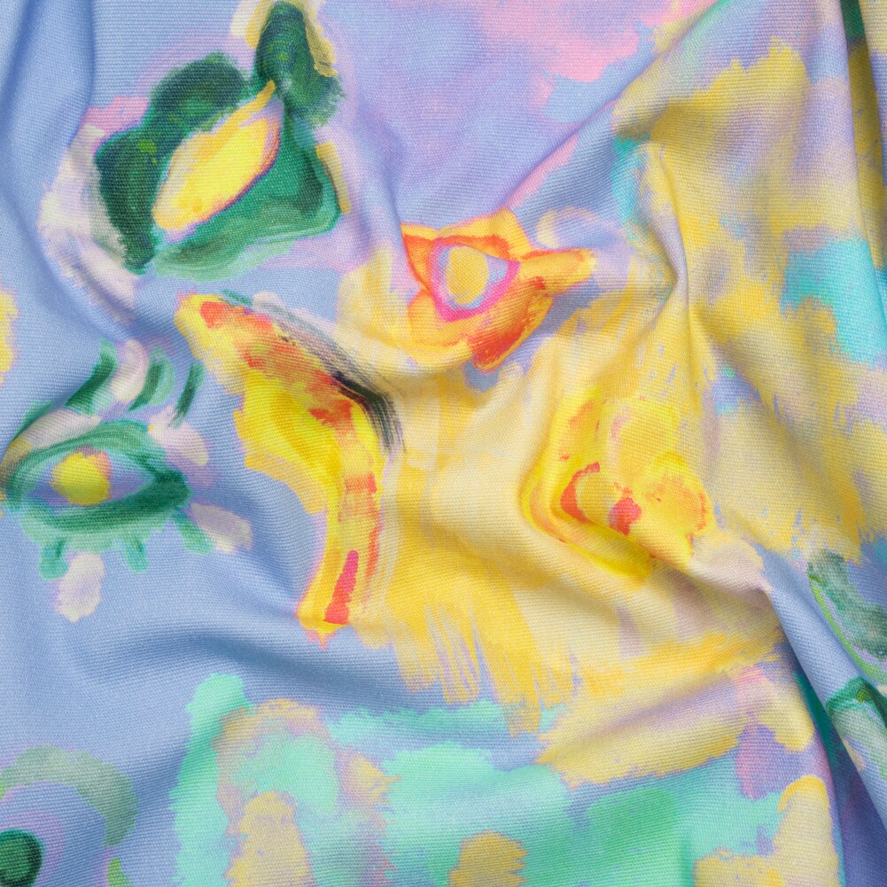 1 Yard Stretch Cotton Canvas Print Blue and Yellow Painterly Floral