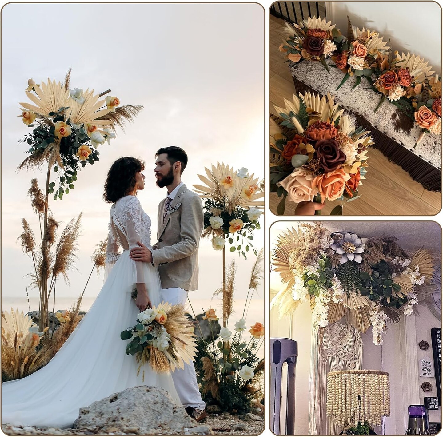 105 Pcs Boho Dried Pampas Grass & Palm Leaves(Brown,white)