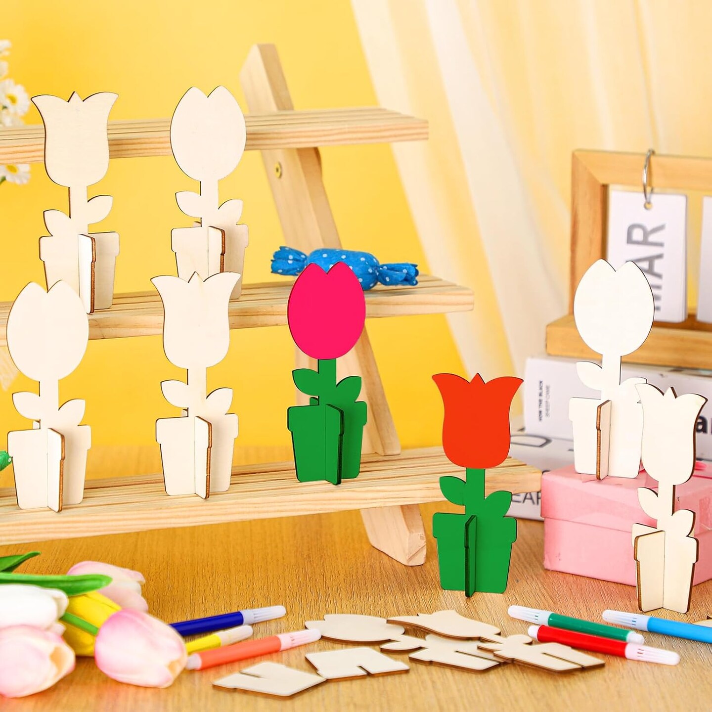 36 Pcs Spring Activity Crafts Set Include 24 3D Wooden Flower Cutouts with 12 Colored Markers Unfinished Tulip Slices Wood Flower to Paint for Mother&#x27;s Day DIY Spring Tiered Tray Decor Table Centerpiece