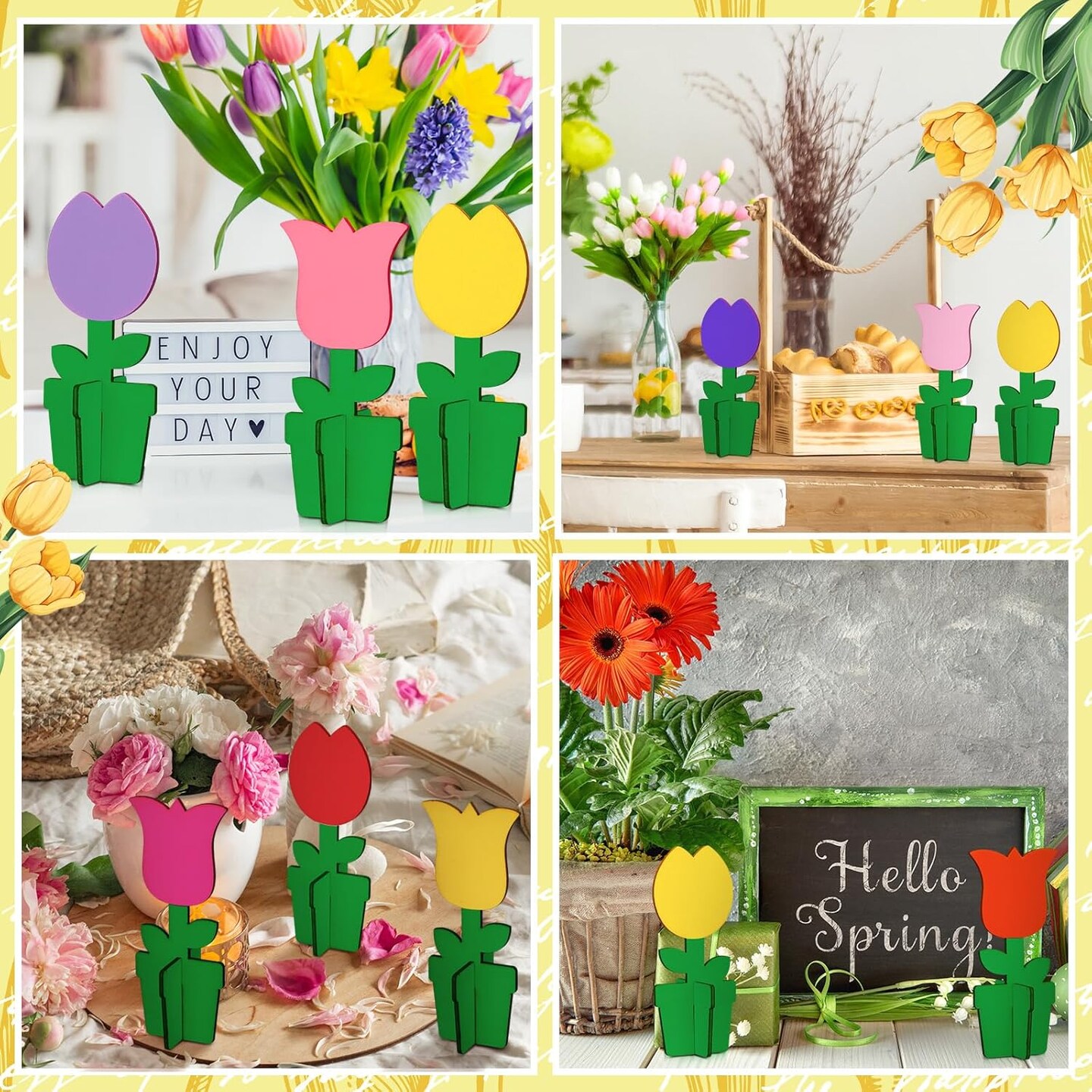 36 Pcs Spring Activity Crafts Set Include 24 3D Wooden Flower Cutouts with 12 Colored Markers Unfinished Tulip Slices Wood Flower to Paint for Mother&#x27;s Day DIY Spring Tiered Tray Decor Table Centerpiece