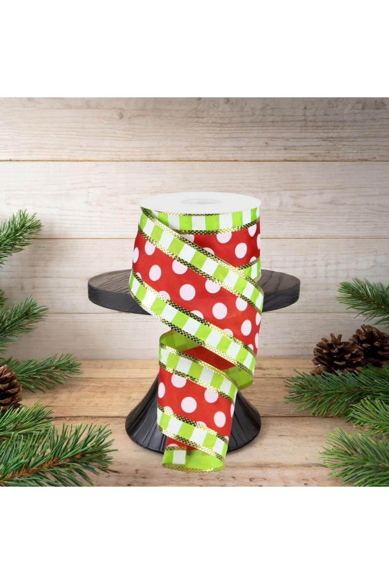 2.5&#x22; Striped Edge Polka Dot Ribbon: Red, Lime &#x26; White (10 Yards)