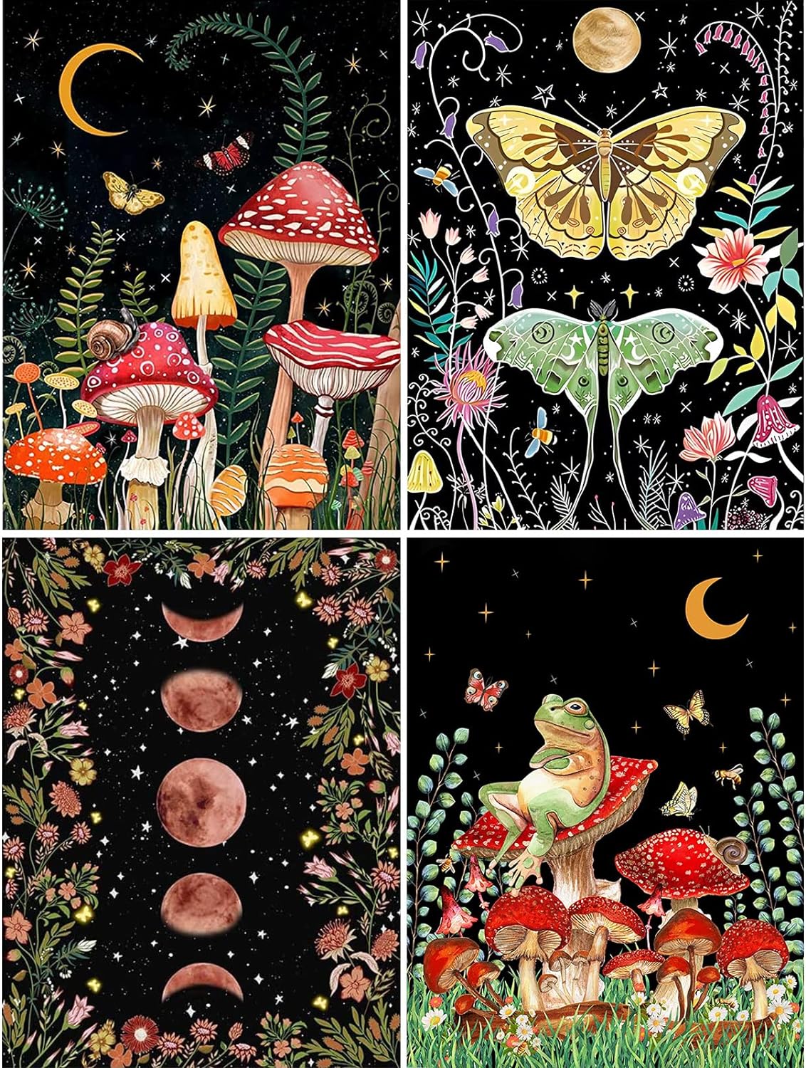 4PCS Paint by Numbers Kits – Moon & Mushroom Canvas DIY, 12x16in for Adults & Kids