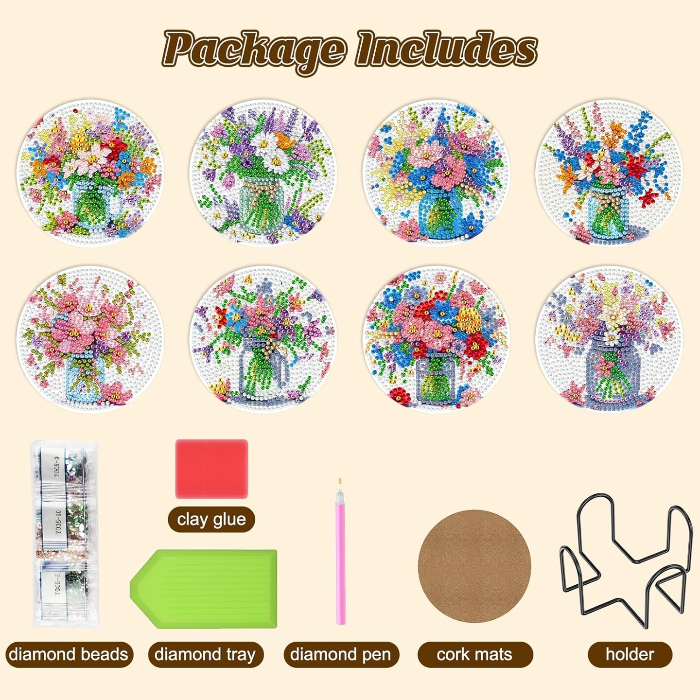 Diamond Painting Coasters Kits with Holder, Colorful Flowers Diamond Art Coasters for Adults Beginners 5D DIY Diamond Coasters, Diamond Art Painting Kits Craft Supplies