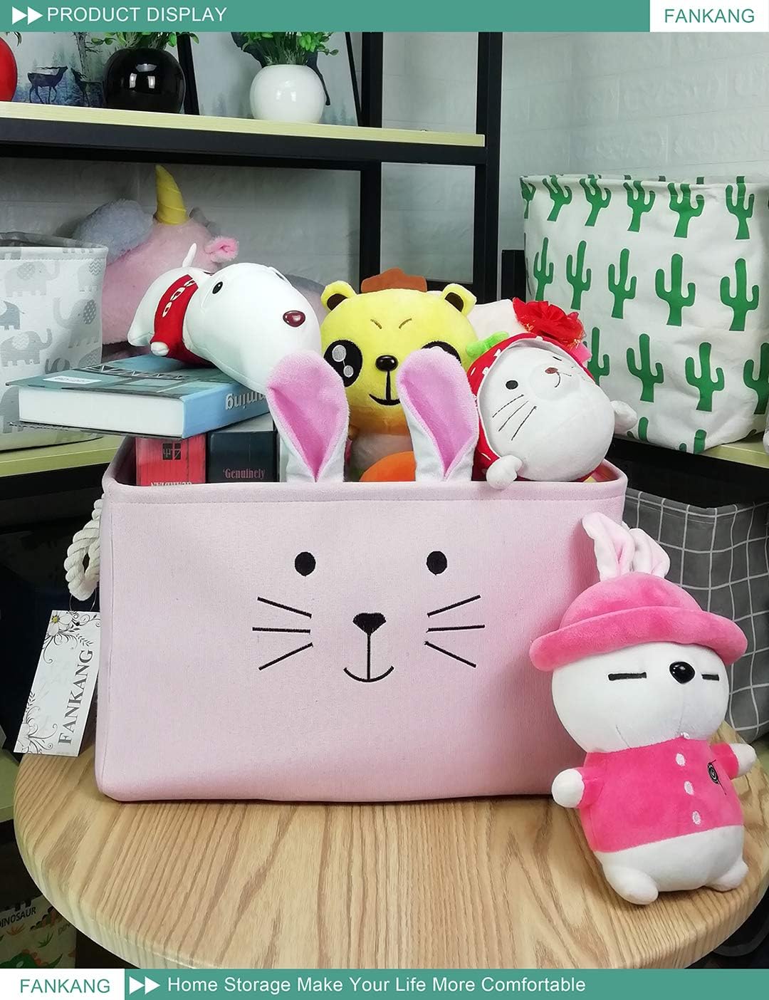 Rectangular Fabric Storage Bin Box Laundry Basket with Dinosaur Prints for Nursery Storage, Storage Hamper, Gift Baskets (Pink Rabbit)