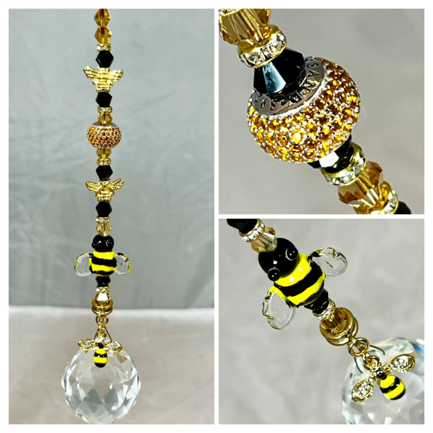 Bee STERLING Silver CZ Bead Suncatcher Gold Plated Bees BONUS Handmade  Glass Honey Bee Jewelry Grade Pave Golden Sterling Crystal Decoration