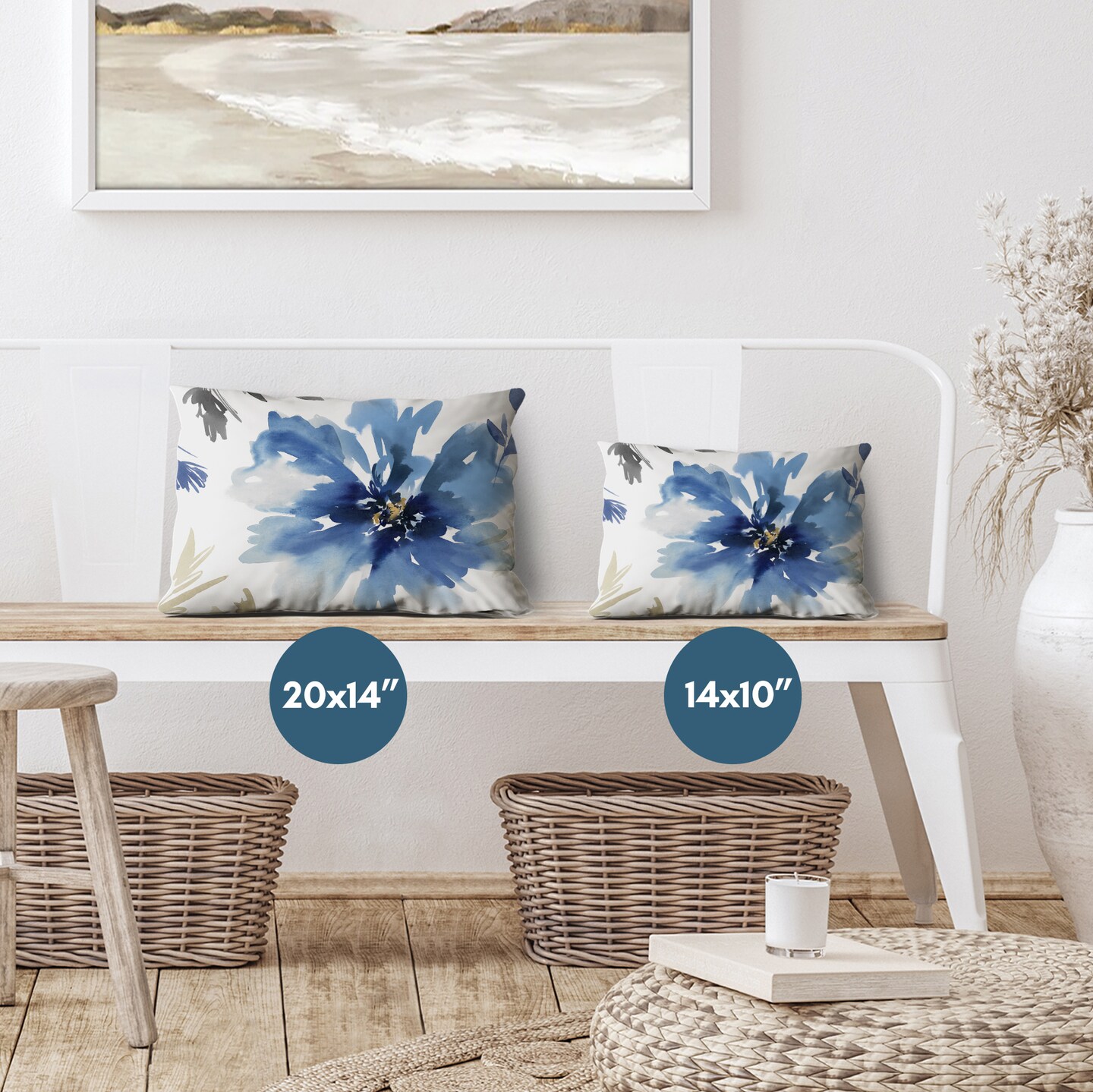 Americanflat Floral Rectangular Throw Pillow with Premium Polyester - White and Indigo