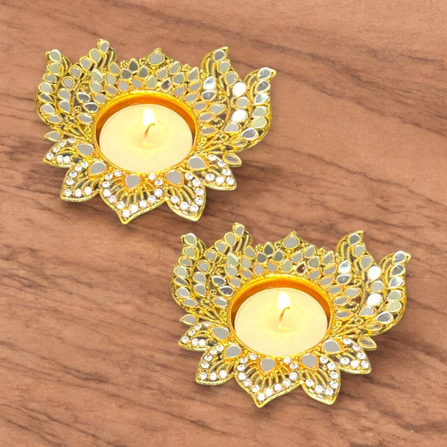 Metal Lotus Candle Holder &#x2013; Decorative T-Light Holder with Glass Accents, Diwali Diya for Puja, Kuthu Vilakku, Home Temple Decor, Deepawali Decoration, Lantern, Housewarming Return Gift