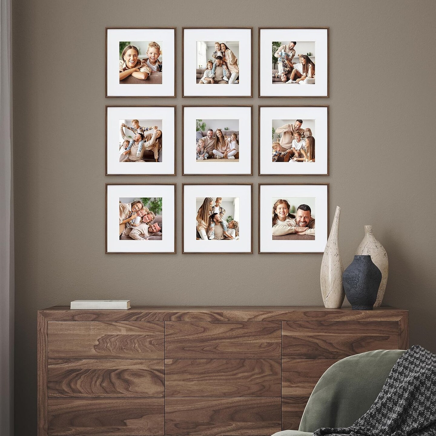 Reed 9 Piece Gallery Wall Frame Set, matted frames feature Photograph or Art Print, 8x8, Dark Brown Woodgrain Finish