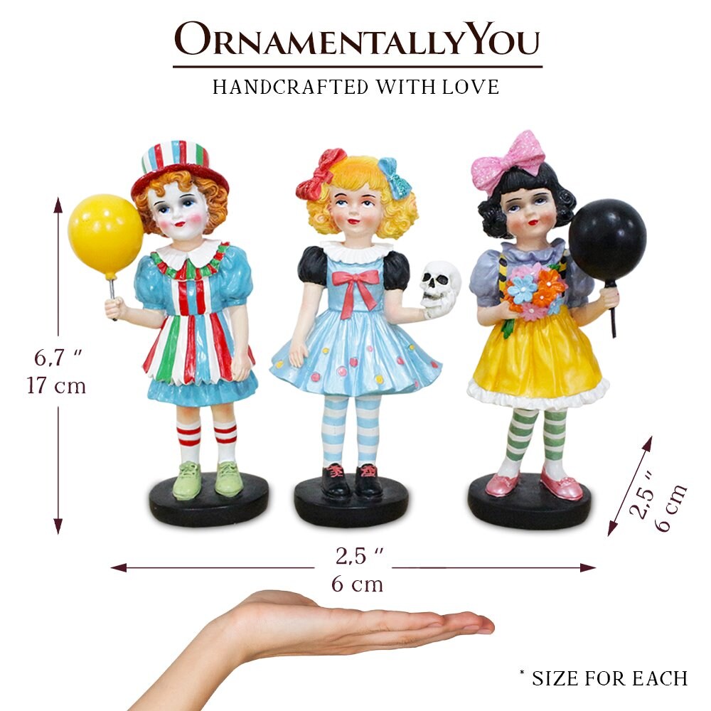 Spooky Victorian Masquerade Girl Trio, 6&#x22; Trick or Treat Clown Figurines and Hauntingly Elegant Halloween Decor