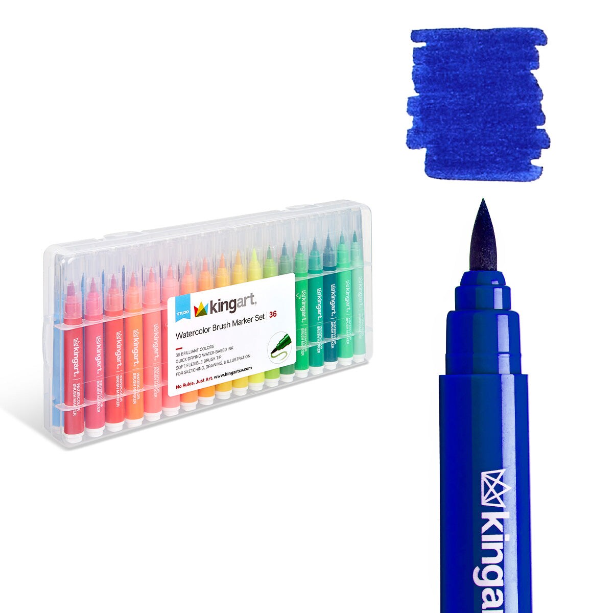 KINGART® Soft Tip Watercolor Brush Marker Set With Case, Set of 36 Unique Colors