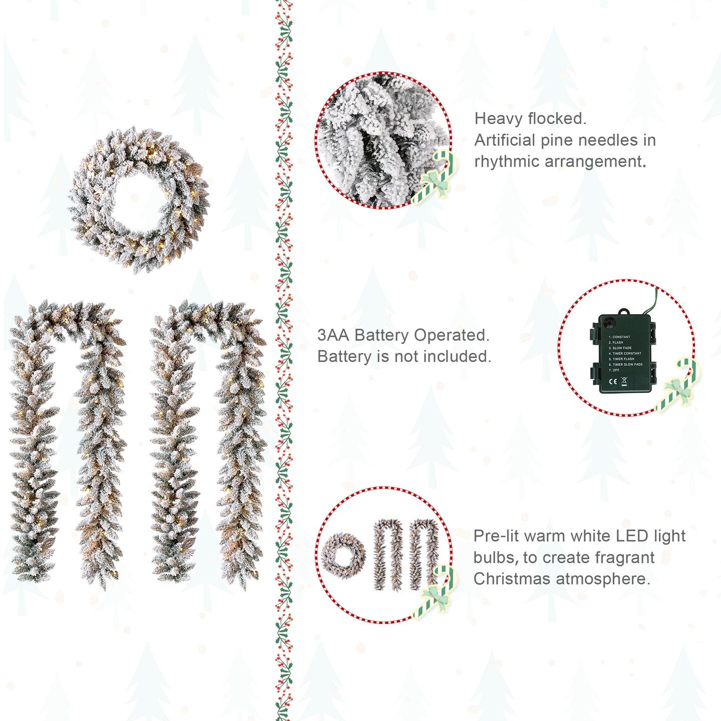 Set of 3 24&#x22;D Pre-Lit Snow Flocked Christmas Wreath and Matched 9ft Garland Set with Timer, Three Function