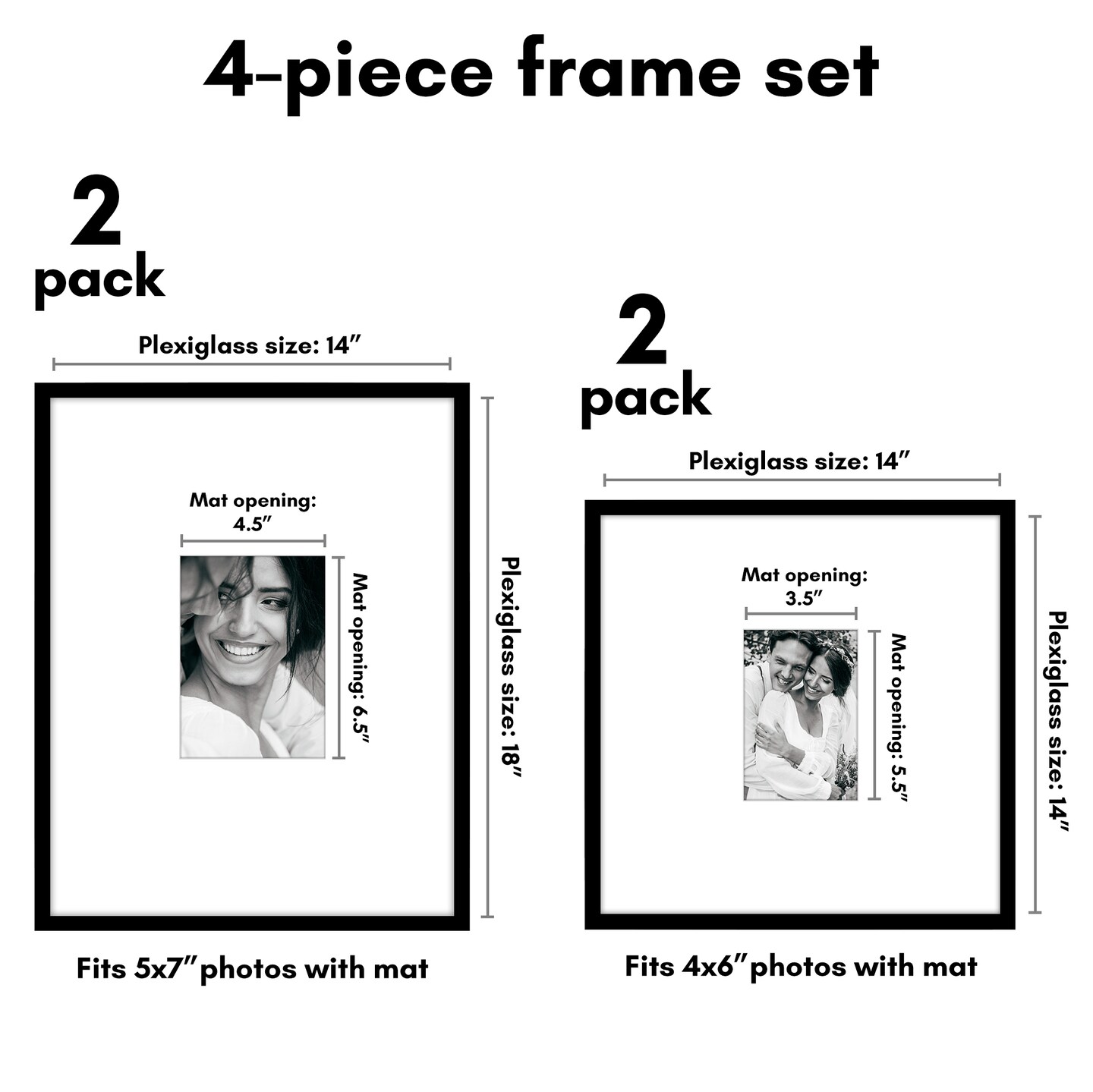 Americanflat Set of 4 Picture Frames - Gallery Wall Frame Set with Two 14x14 Frames with 4x6 Mats and Two 14x18 Frames with 5x7 Mats - Black