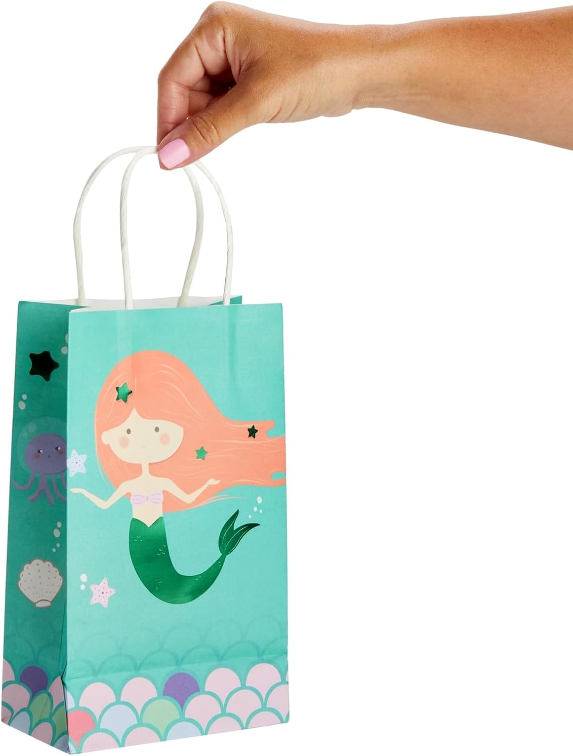 24 Pack Mermaid Gift Bags with Handles for Mermaid Birthday Decorations, Goodies, Treats (5.3 x 3.2 x 9 In Under The Sea Party Bags)