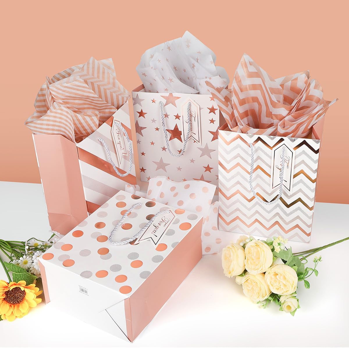 12pcs 9" Gift Bags, Medium Size Paper Bags with Tissue Paper, White Gold Wrap Paper Gift Bags with Handles for Shopping Party Wedding Baby Shower Holiday Presents (Rose Gold)