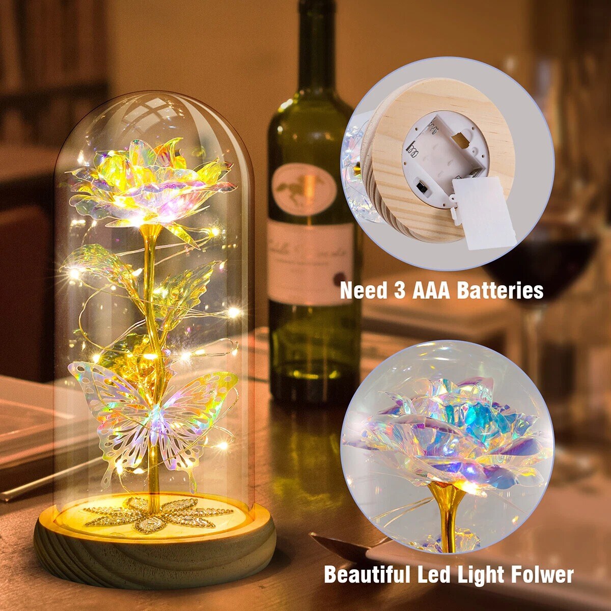 Eternal Preserved LED Rose with Butterfly in Glass Dome D&#xE9;cor