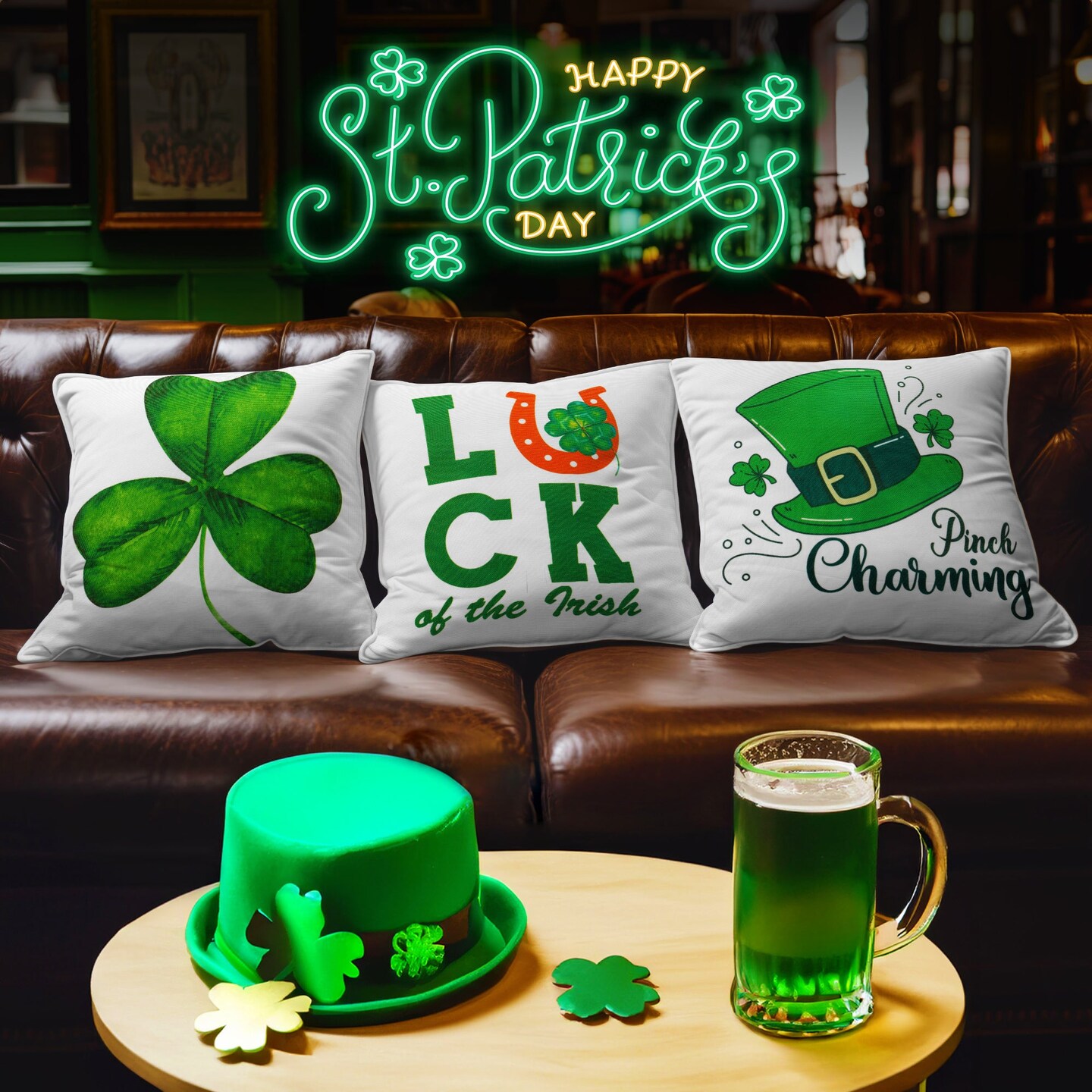 G128 St Patrick's Day Decoration Gnome Luck Shamrock Waterproof Throw Pillow | 18 x 18 in | Set of 4, Beautiful Cushion Covers for St Patrick's Day Sofa Couch Decoration, Pillow Insert Included