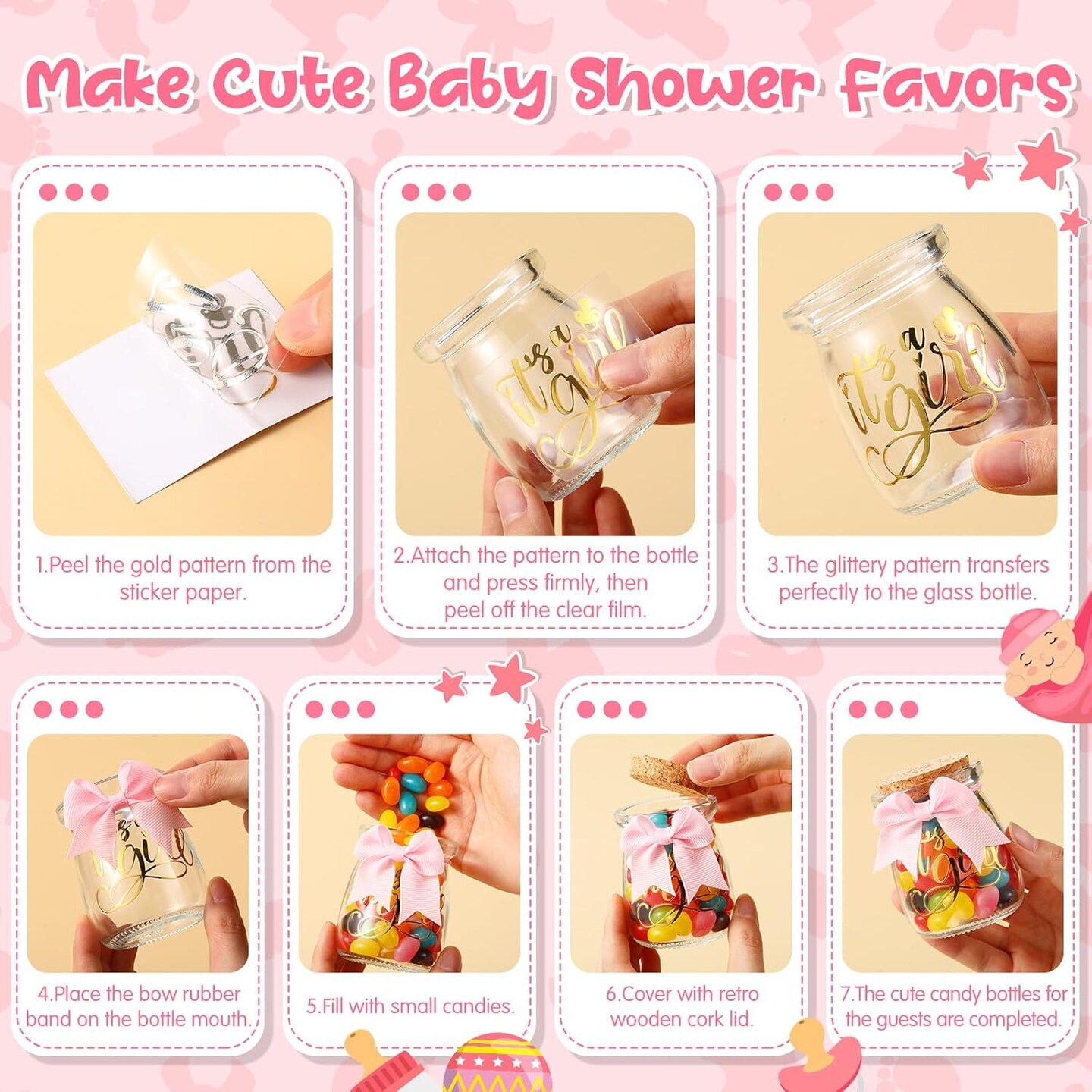 24 Sets Baby Shower Favors for Guests Glass Baby Shower Bottles 100 ml Milk Jar with Ribbons and Stickers Decorations