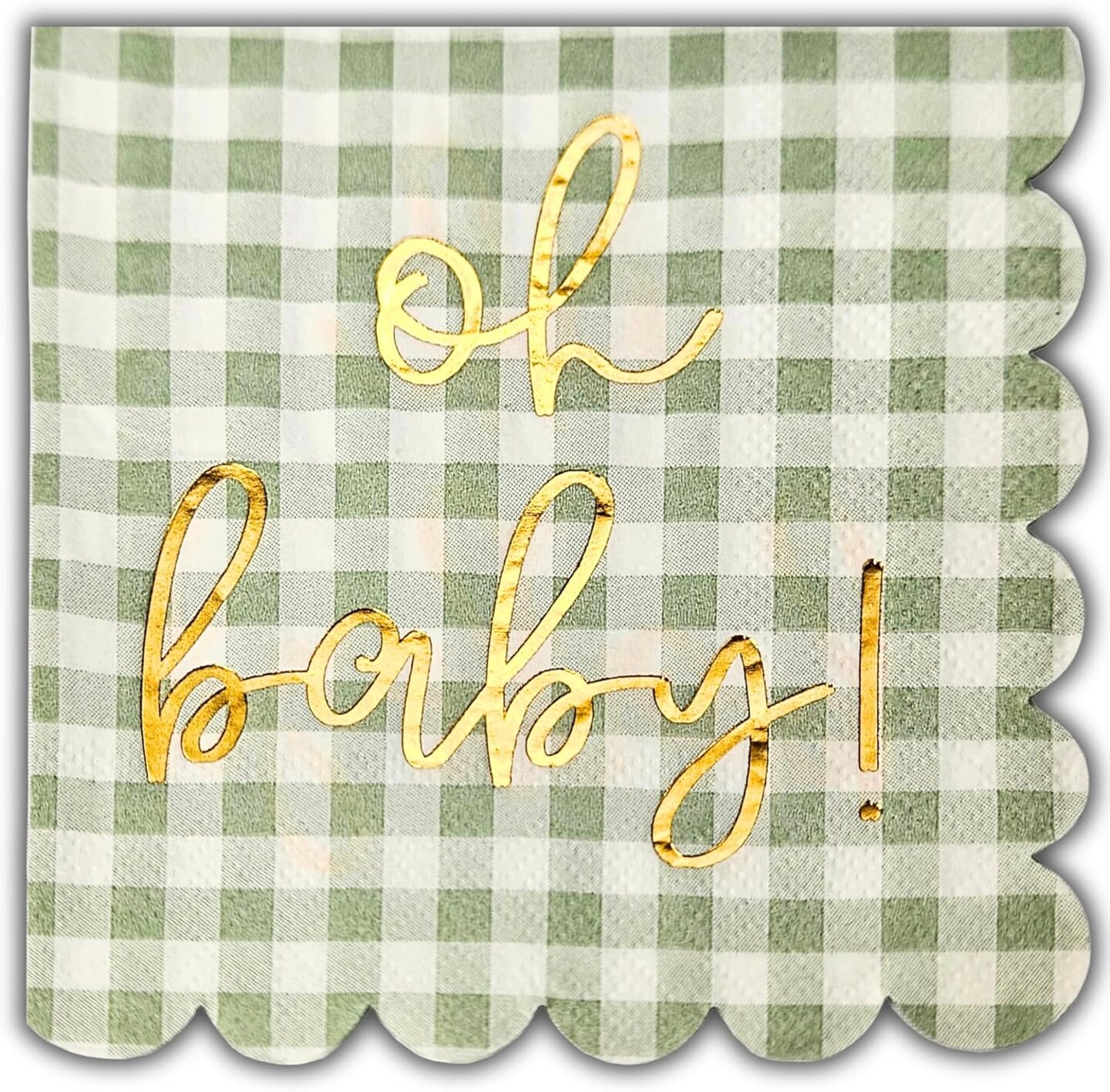 'Oh Baby' Baby Shower Decorations, 50 Pack, Gold Oh Baby Napkins in Plaid Sage Green Pattern, Scalloped Edges