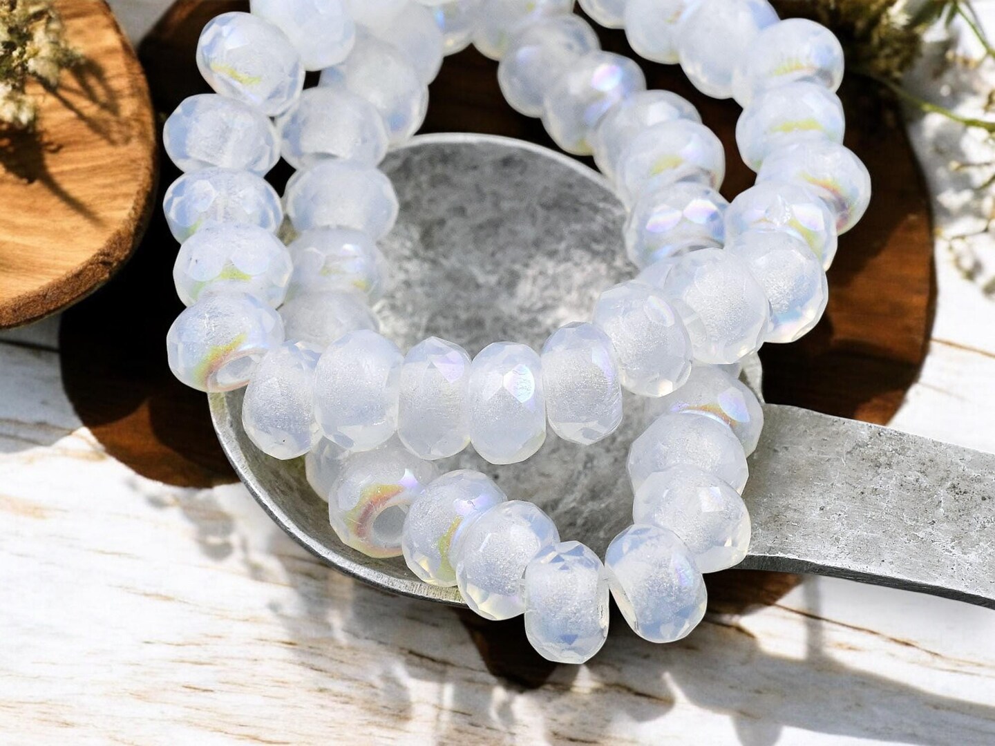 *25* 5x8mm White Opal AB Faceted Large Hole Rondelle Roller Beads