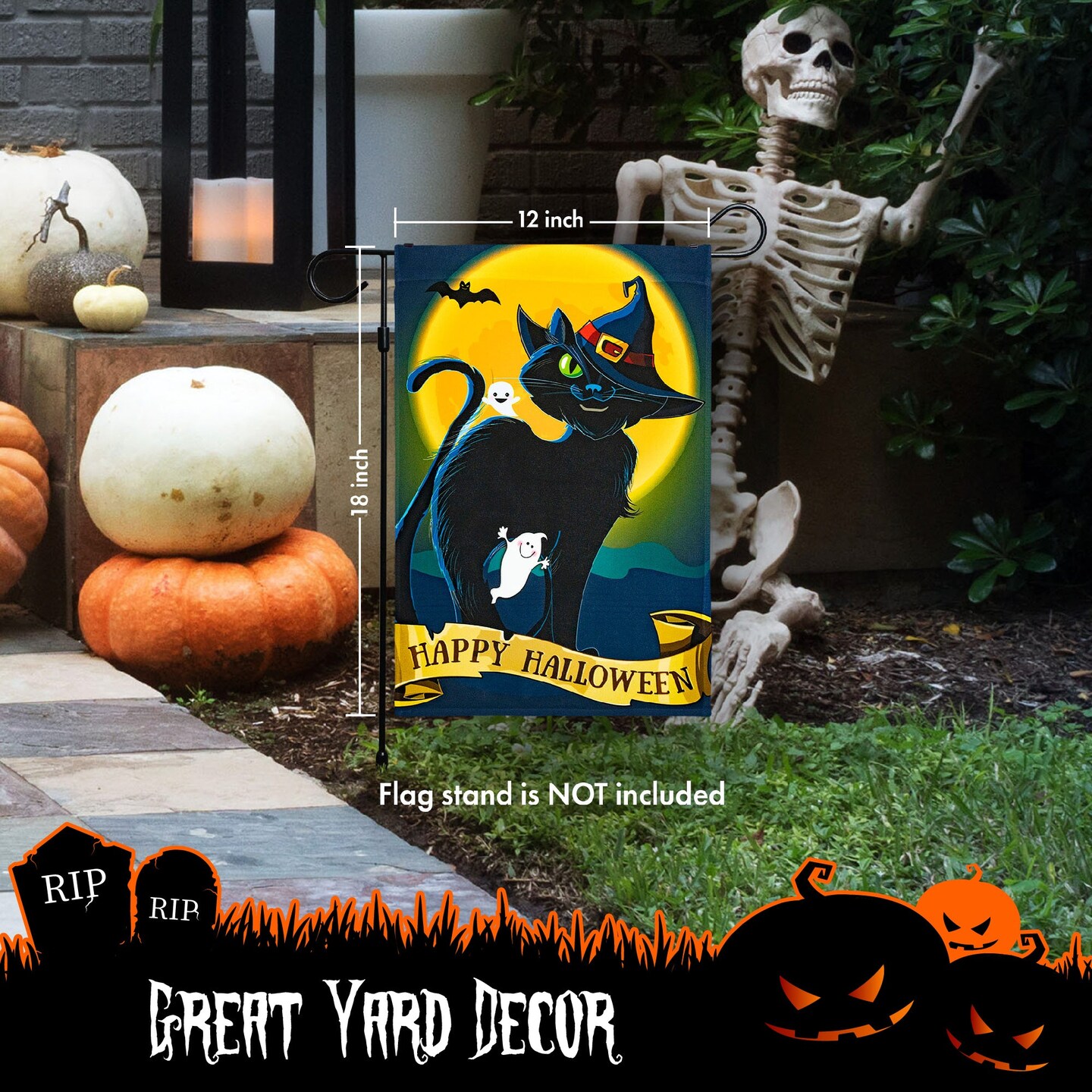 G128 - Halloween Garden Flag, Happy Halloween Quote with Black Cat Garden Yard Decorations, | 12x18 Inch | Printed 150D Polyester - Rustic Holiday Seasonal Outdoor Flag