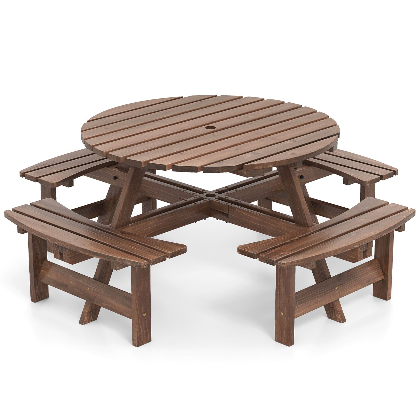 Fir Wood Round Picnic Table Set with 4 Benches and Umbrella Hole