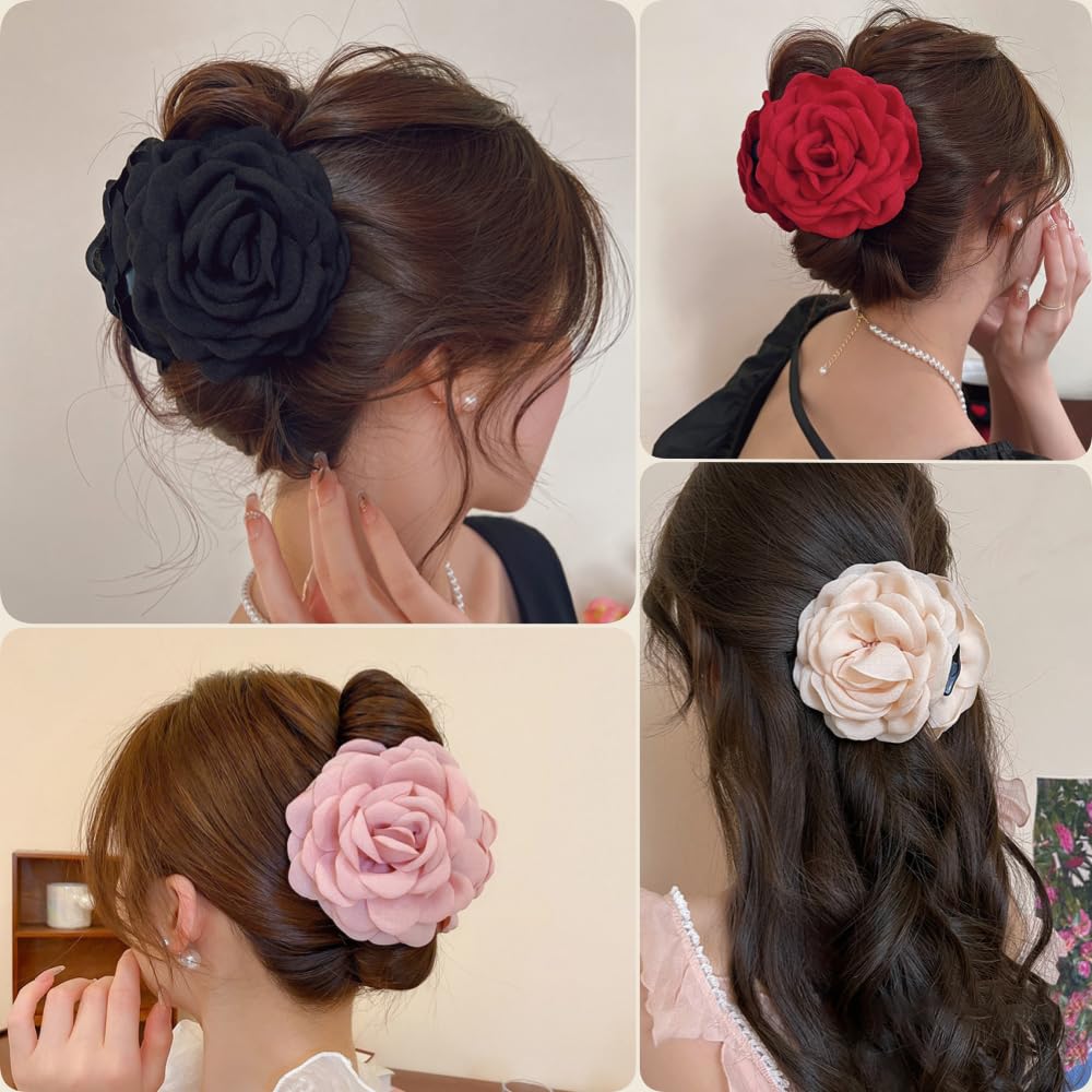 4 Pack Handmade Fabric Rose Flower Hair Claw Clip (Type A