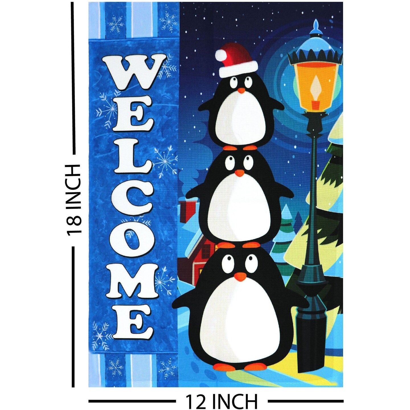 G128 - Christmas Garden Flag, Christmas and Winter Themed Decorations - Welcome Three Cute Penguins,  | 12x18 Inch | Printed 150D Polyester - Rustic Holiday Seasonal Outdoor Flag
