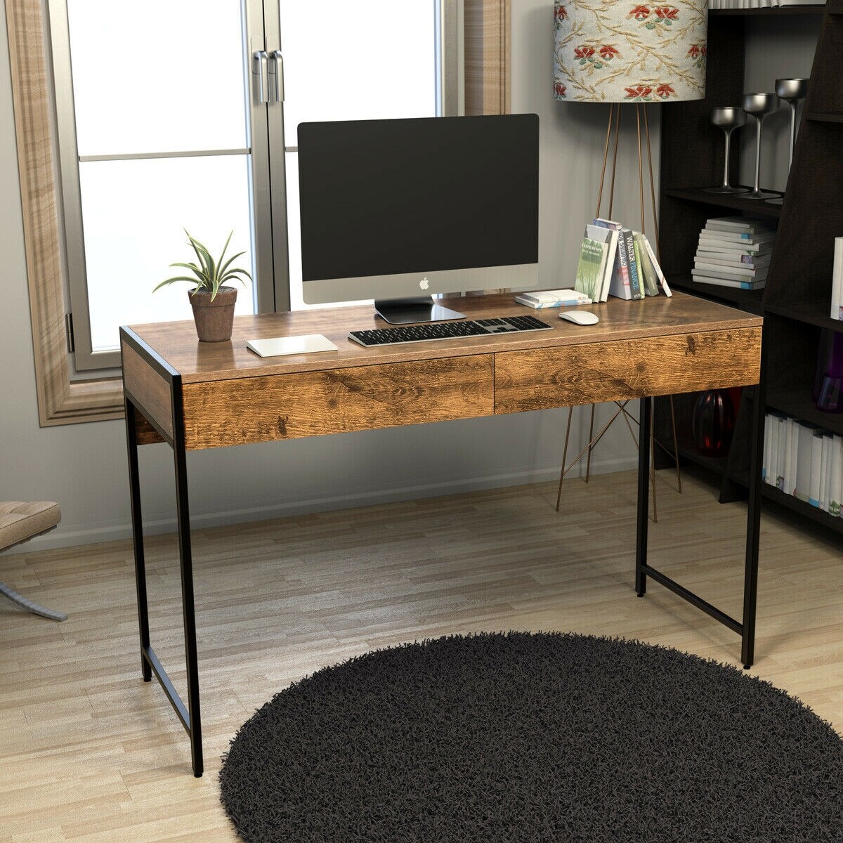 Computer Desk Rustic Brown with 2 Drawers and Steel Frame for Home Office