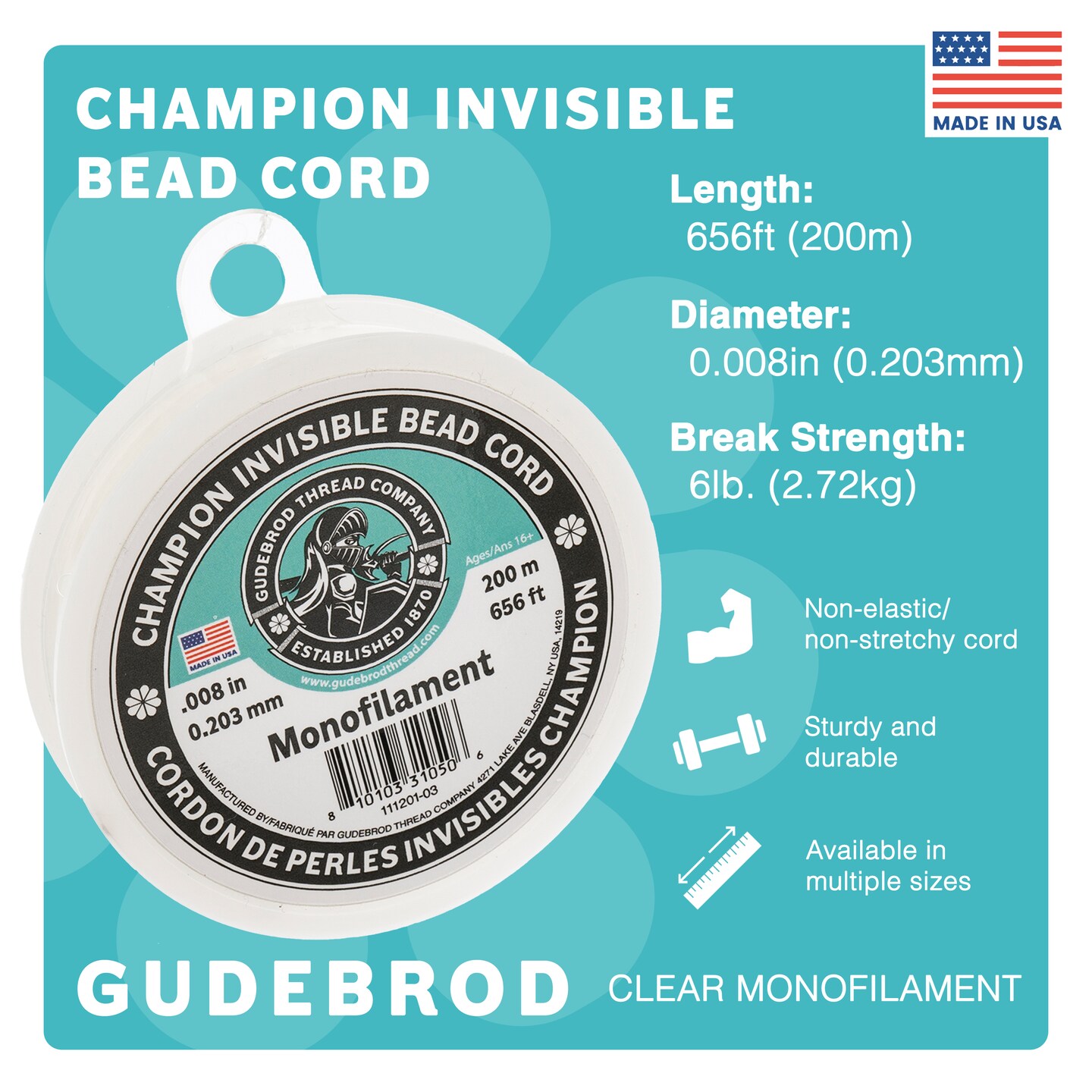 Gudebrod 0.008" Monofilament Champion Invisible Clear Cord | Made in USA