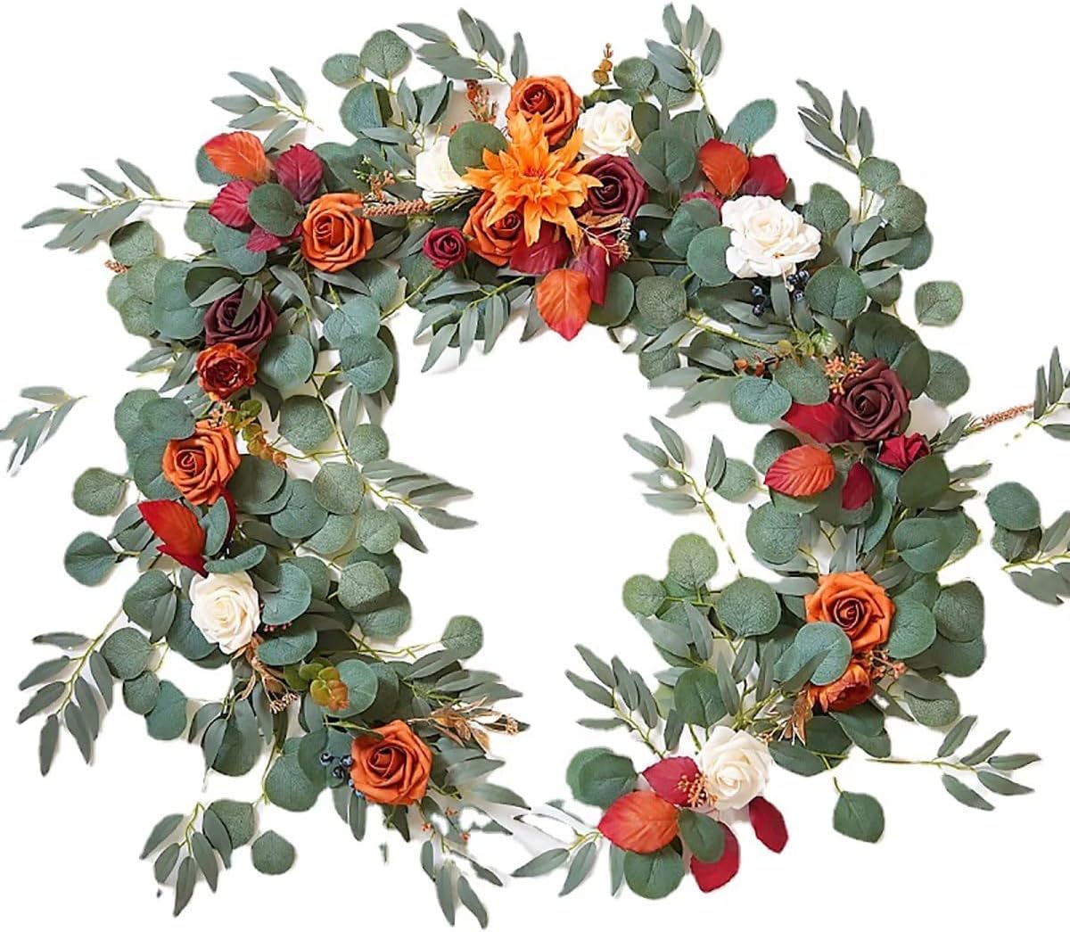 Garland with Flowers, 5.9 ft Artificial Table Runner Decor Burnt Orange Fake Rose Garland for Wedding Centerpieces