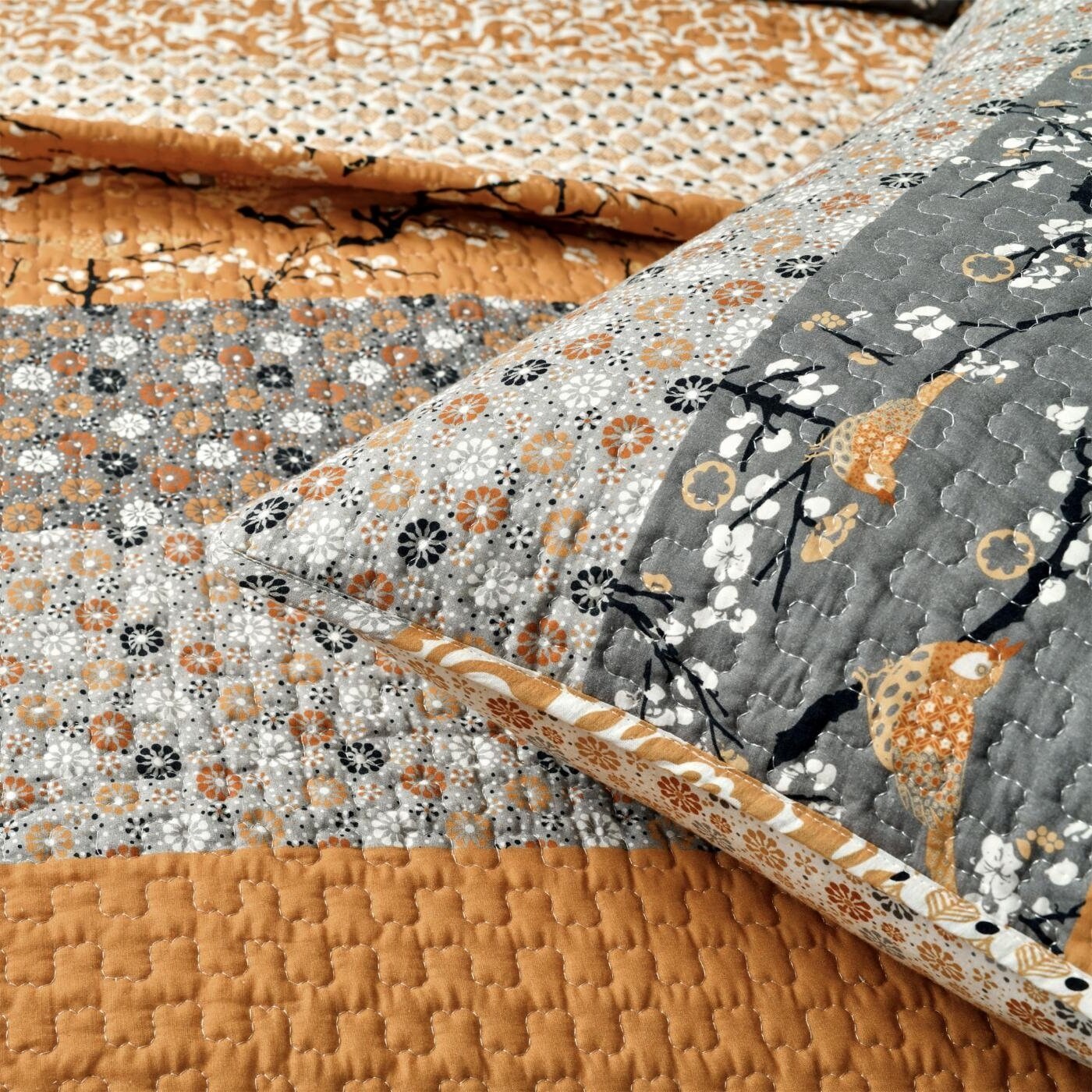 Orange-Grey Cotton Reversible 3-Piece Quilt Set with Floral Bird Design