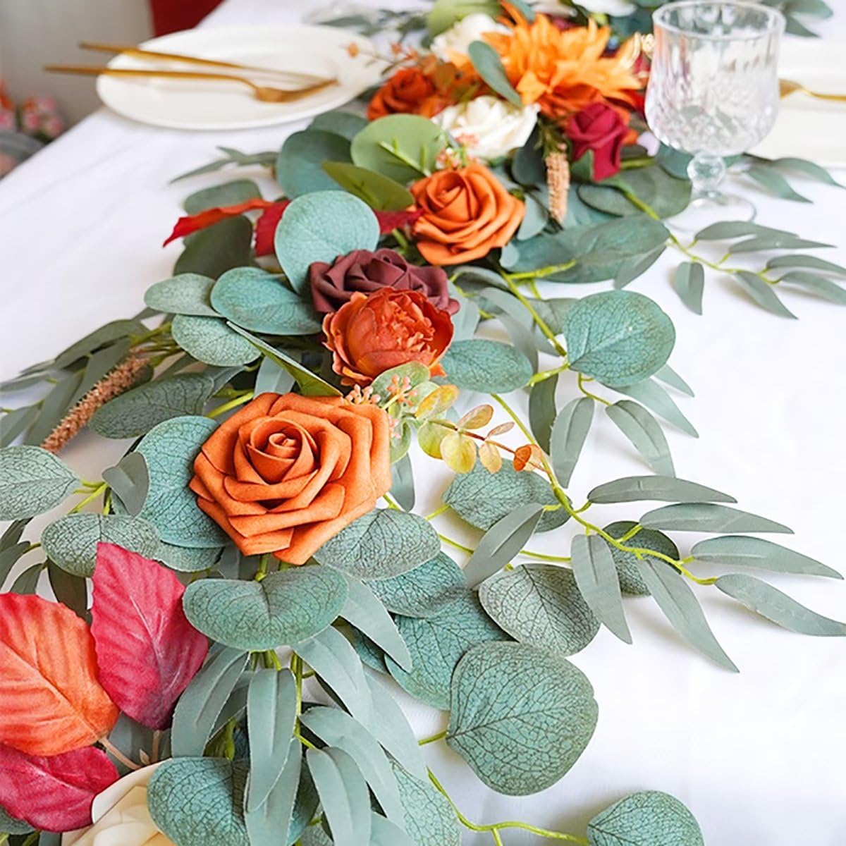 Garland with Flowers, 5.9 ft Artificial Table Runner Decor Burnt Orange Fake Rose Garland for Wedding Centerpieces