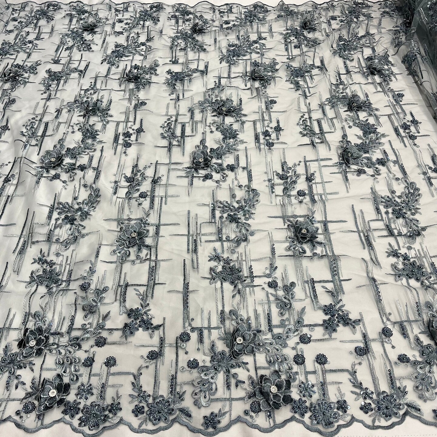 1 Yard Beaded Rhinestone 3D Floral Lace Fabric for Wedding Gowns and Dance Costumes 50" Width