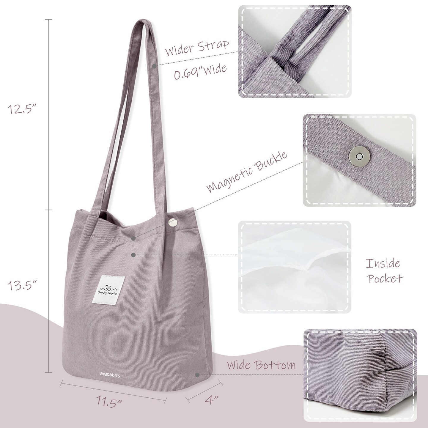 Wrapables Carry Joy Corduroy Tote Bag, Casual Shoulder Handbag, Lavender