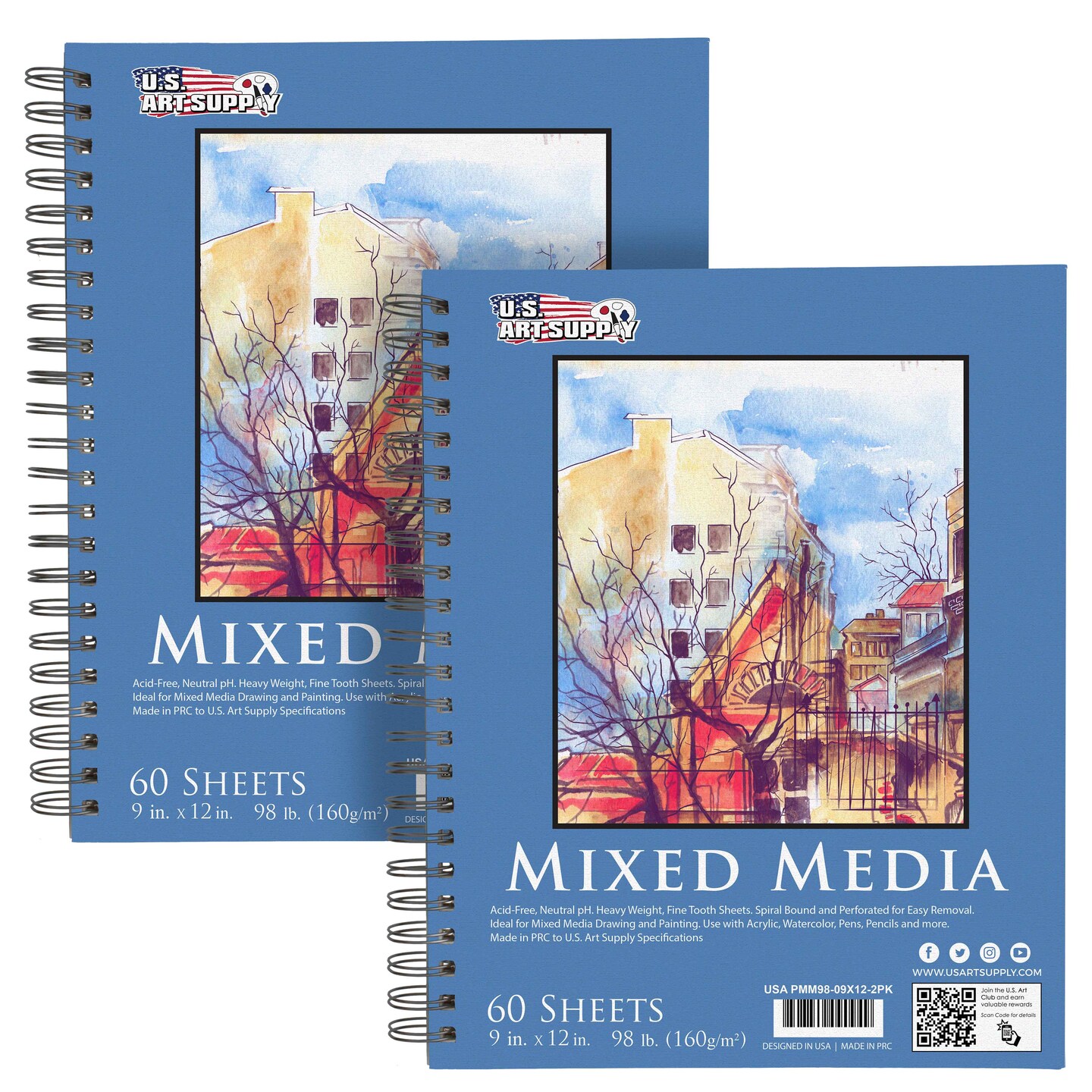 9&#x22;x12&#x22; Mixed Media Sketchbook, 2 Pack (60 Sheets), 98 lb (160 gsm) - Spiral-Bound Pad with Perforated Acid-Free Paper - Artist Sketch Book For Drawing, Painting, Watercolor