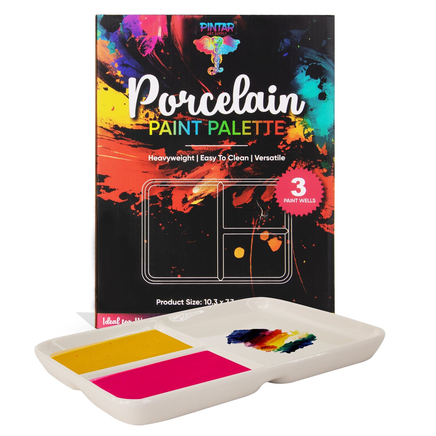 Pintar Ceramic Watercolor Paint Palette Tray - 3 Well Ceramic Palette | &#x201C;10 x 7&#x22; Paint Pallet | Durable Watercolor Palette Tray for Acrylic, Gouache &#x26; All Water-Based Paints