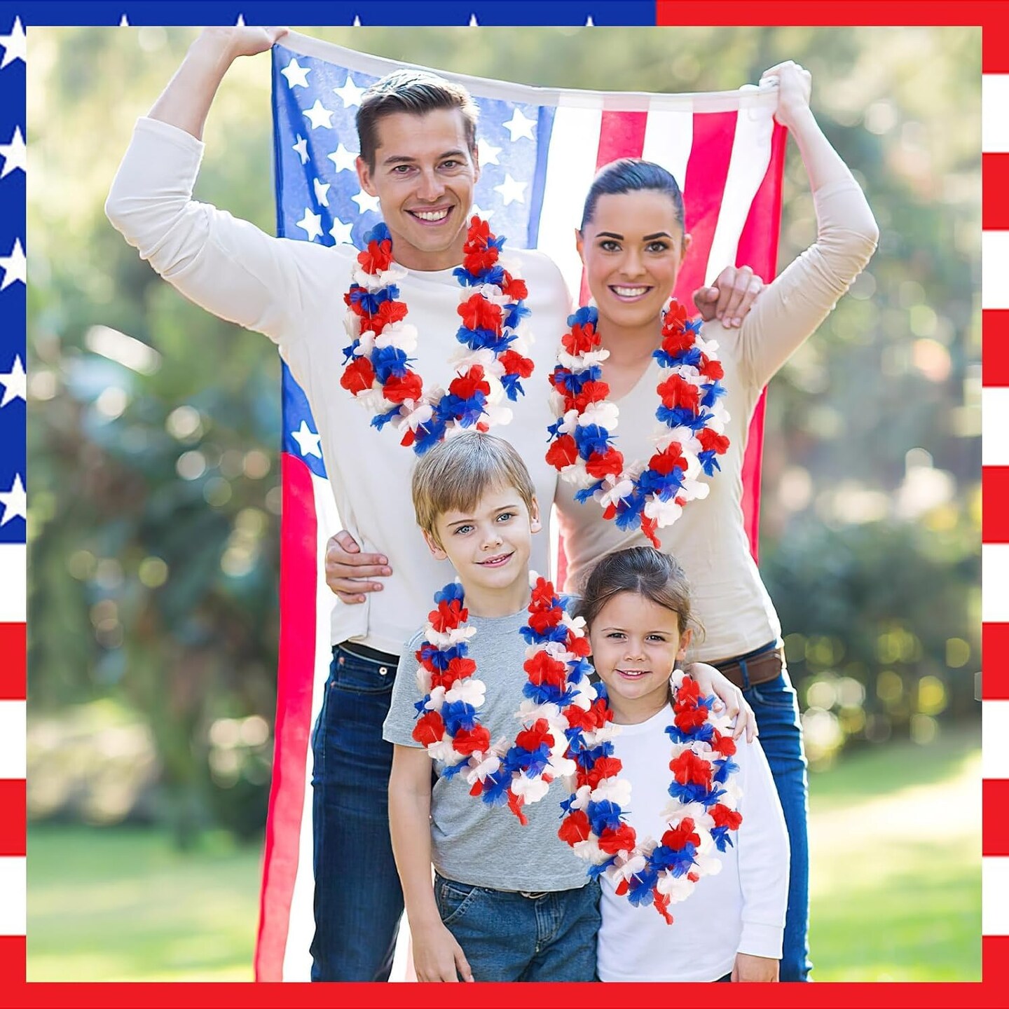 24 Pack Patriotic Leis Red White and Blue Flower Leis, 4th of July Garlands Hawaiian Luau Flower Necklaces Bulk for Fourth of July, Memorial Day, Independence Day Decorations Party Favors