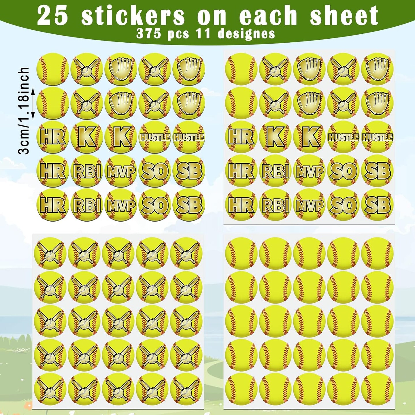 375 Pcs Softball Helmet Decals Award Self Adhesive Baseball Helmet Stickers Softball Baseball Decals Accessories for Girls Boys Women Men