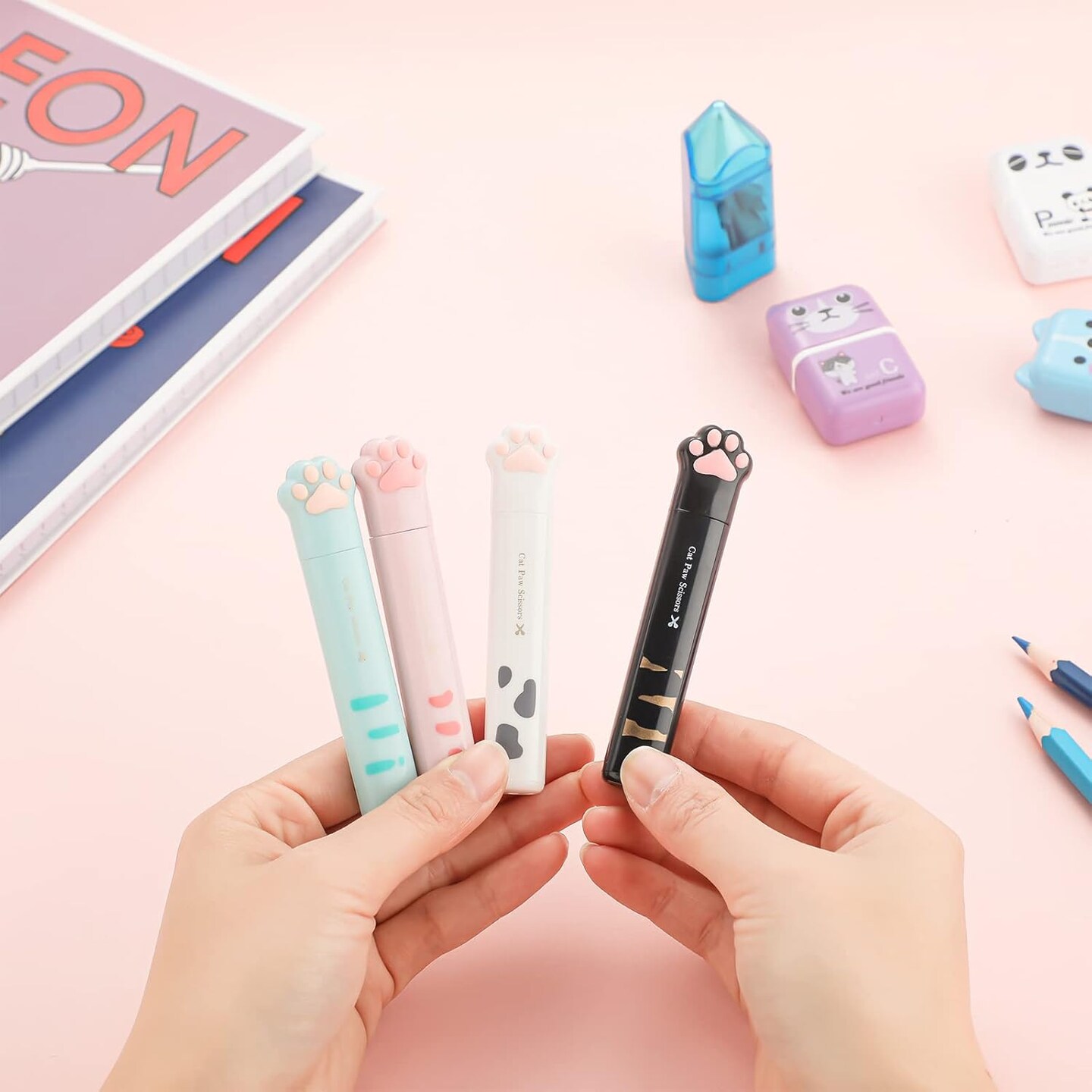 4 Pcs Cute Mini Cat Paw Scissors, Stainless Steel Fun Cartoon Portable Pocket Small Folding Safety Scissors for Paper Cutting, Scrapbooking, Crafting