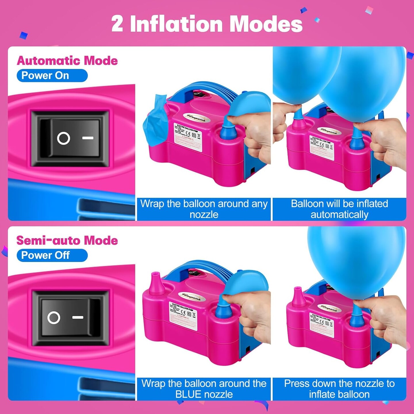 Balloon Pump, Electric Balloon Pump,Portable Dual Nozzles Electric Balloon Air Pump 110V 600W, Electric Balloon Inflator with Tying Tool, Colored Ribbons for Party Decoration