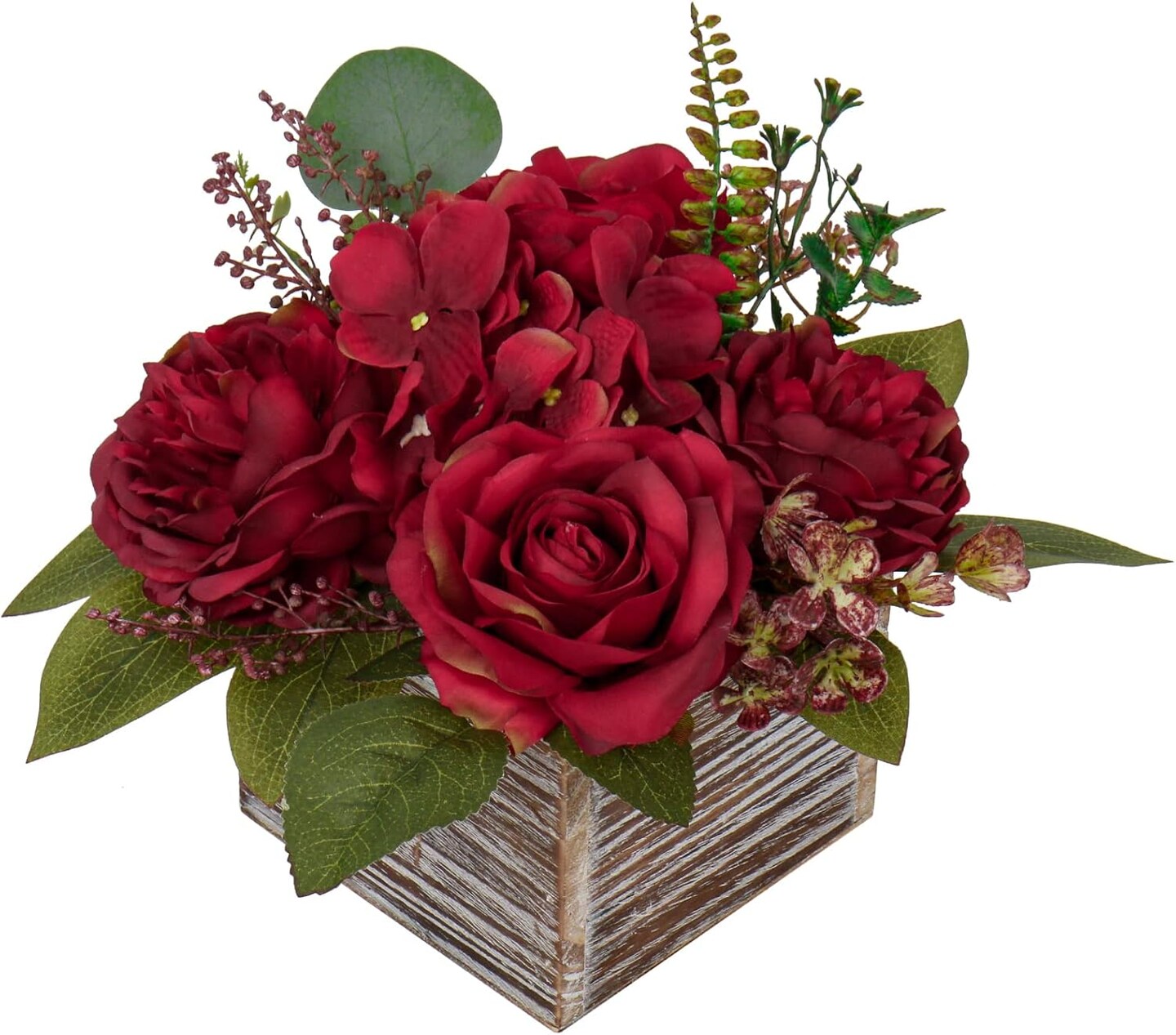 Flower Arrangement with Wooden Vase 8&#x22; Artificial Flowers in Pot - Fake Flowers Roses Peonies Hydrangeas in Wooden Vase Potted Artificial Flower Centerpieces for Table Decor Living Room - Red