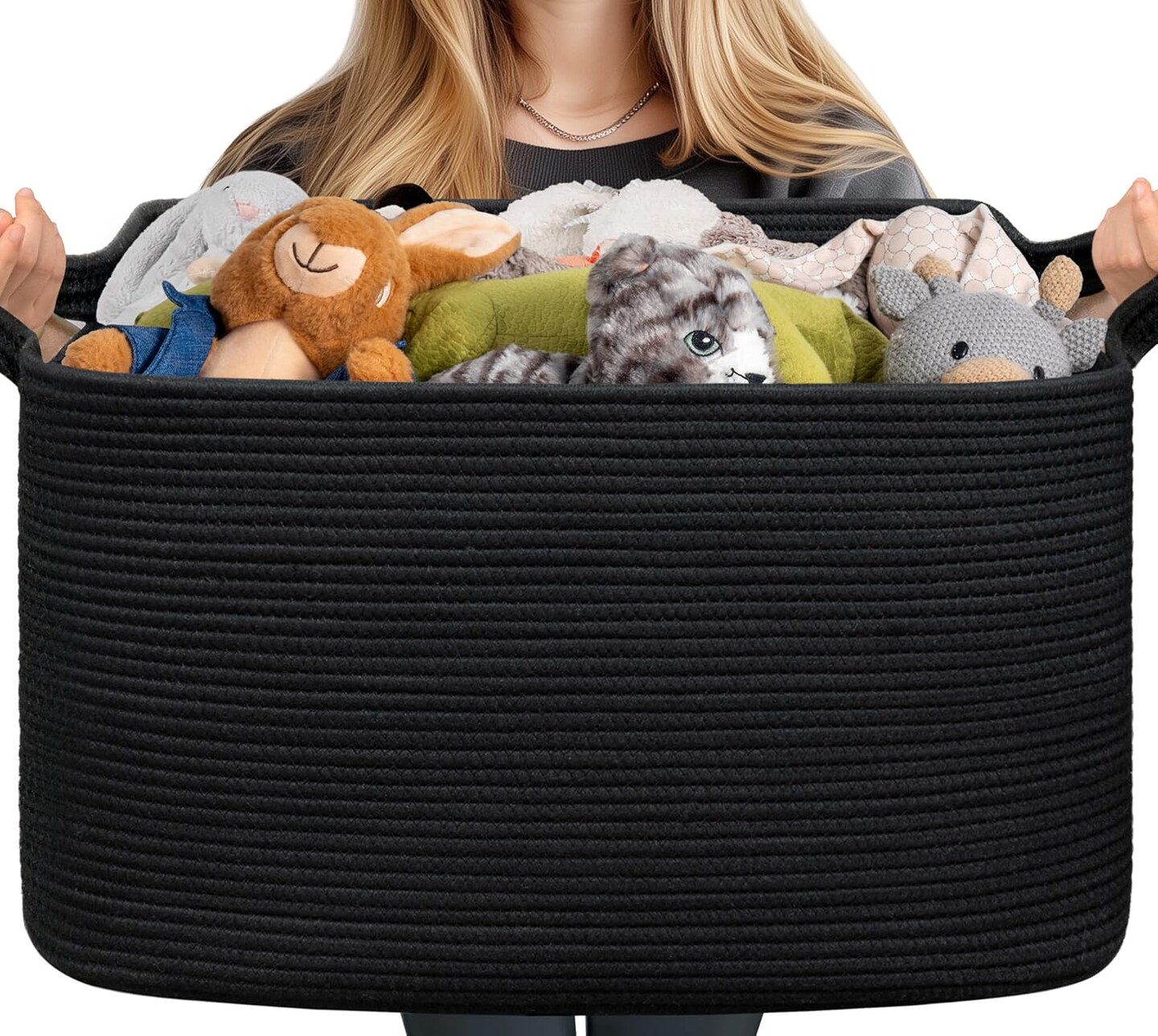 Summer Black Storage Basket for Living Room, Woven Baskets for Storage, Dirty Clothes Basket, Extra Large Rectangle Baby Baskets for Pillows, Toys, 24&#x22; x 16&#x22; x 14&#x22;