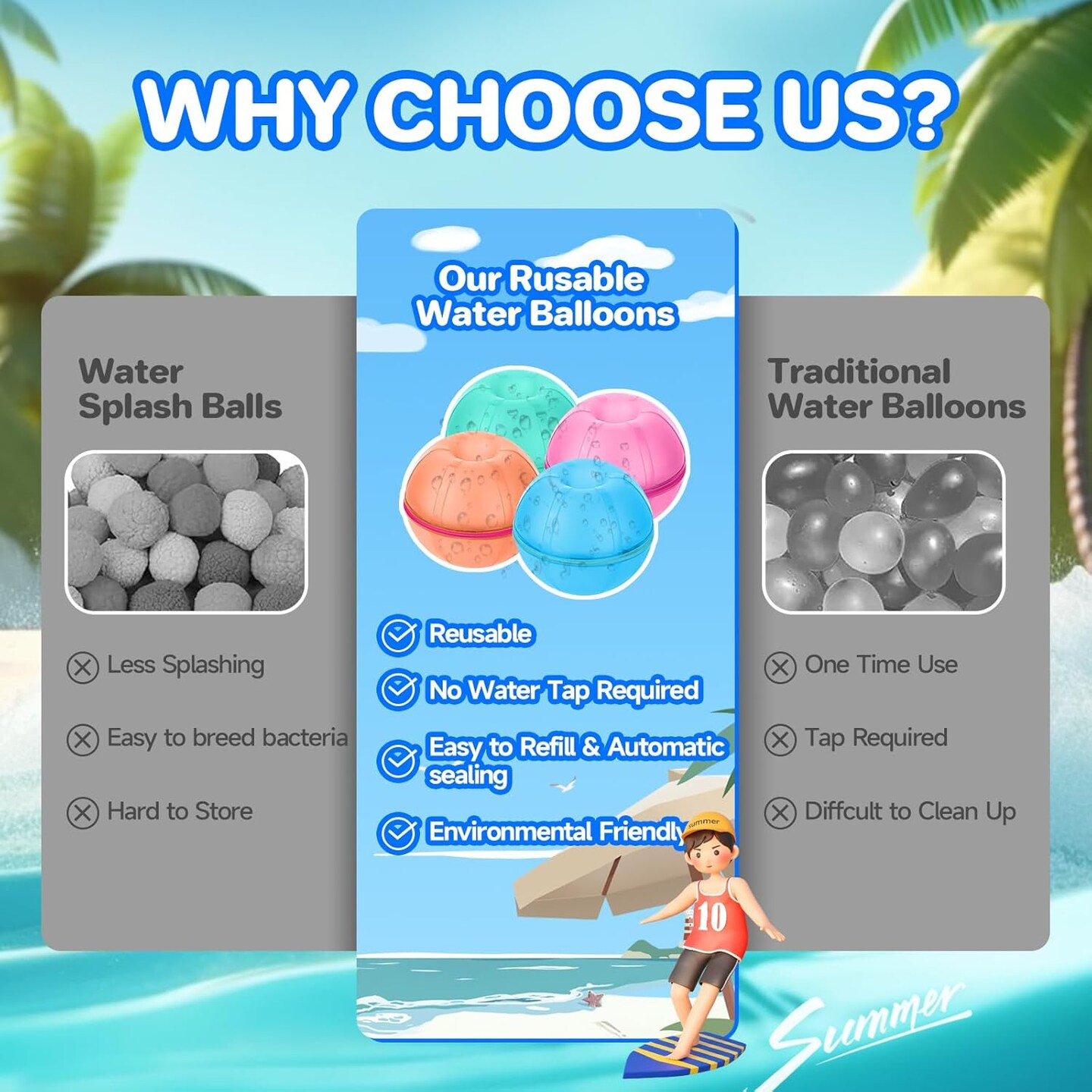 Reusable Water Balloons 6PCS, Magnetic Silicone Water Balls Quick Fill Refillable Self Sealing, Summer Water Toys for Beach, Pool, Outdoor Backyard Splash Fun Games Water Fight for Kids &#x26; Adults (6)