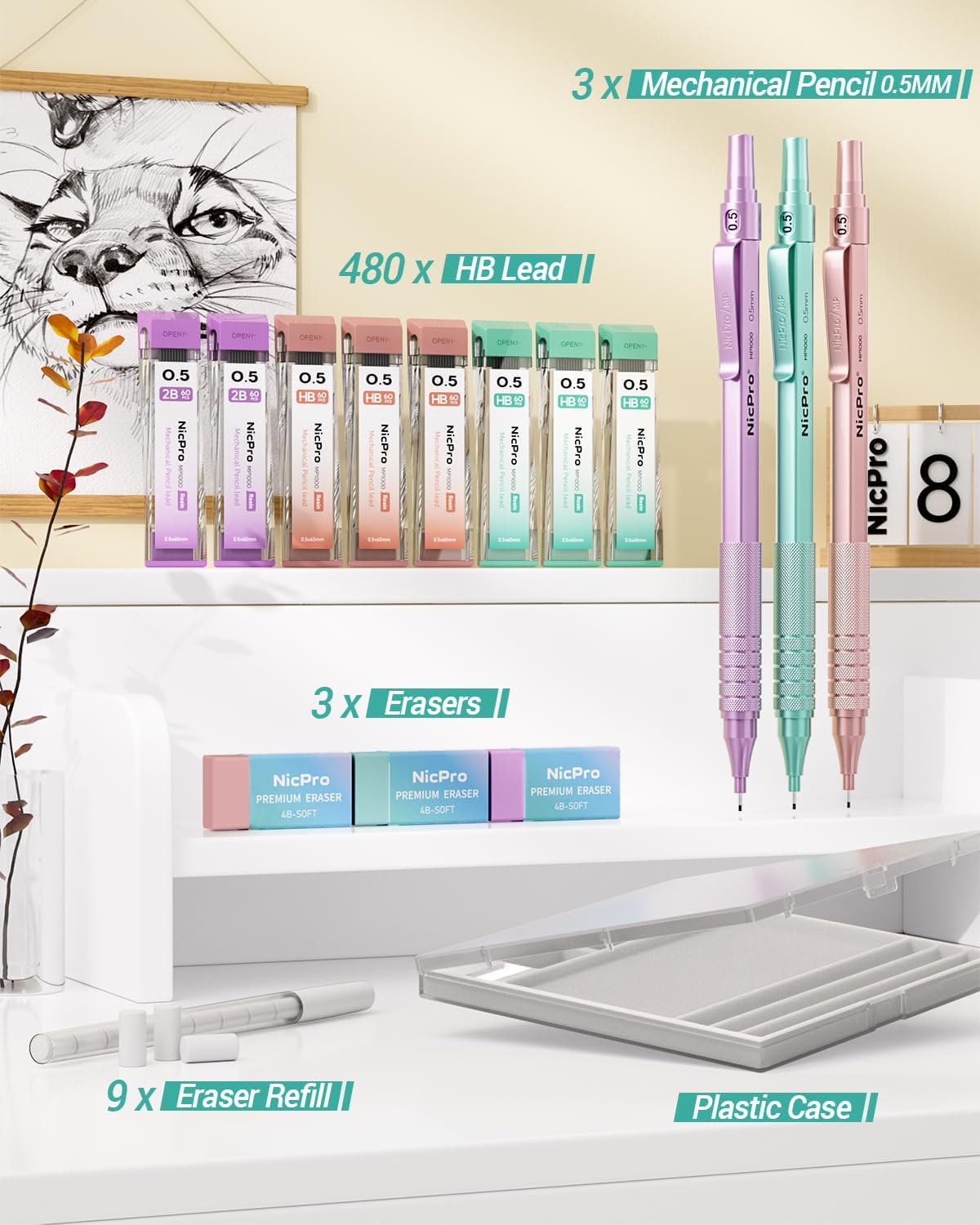 0.5 mm Metal Mechanical Pencil Set, 3PCS MP1000 Artist Lead Pencils With 480PCS HB 2B Lead Refills, Erasers, Pastel Aesthetic Mechanical Pencils for School Supplies Writing Drawing Sketching