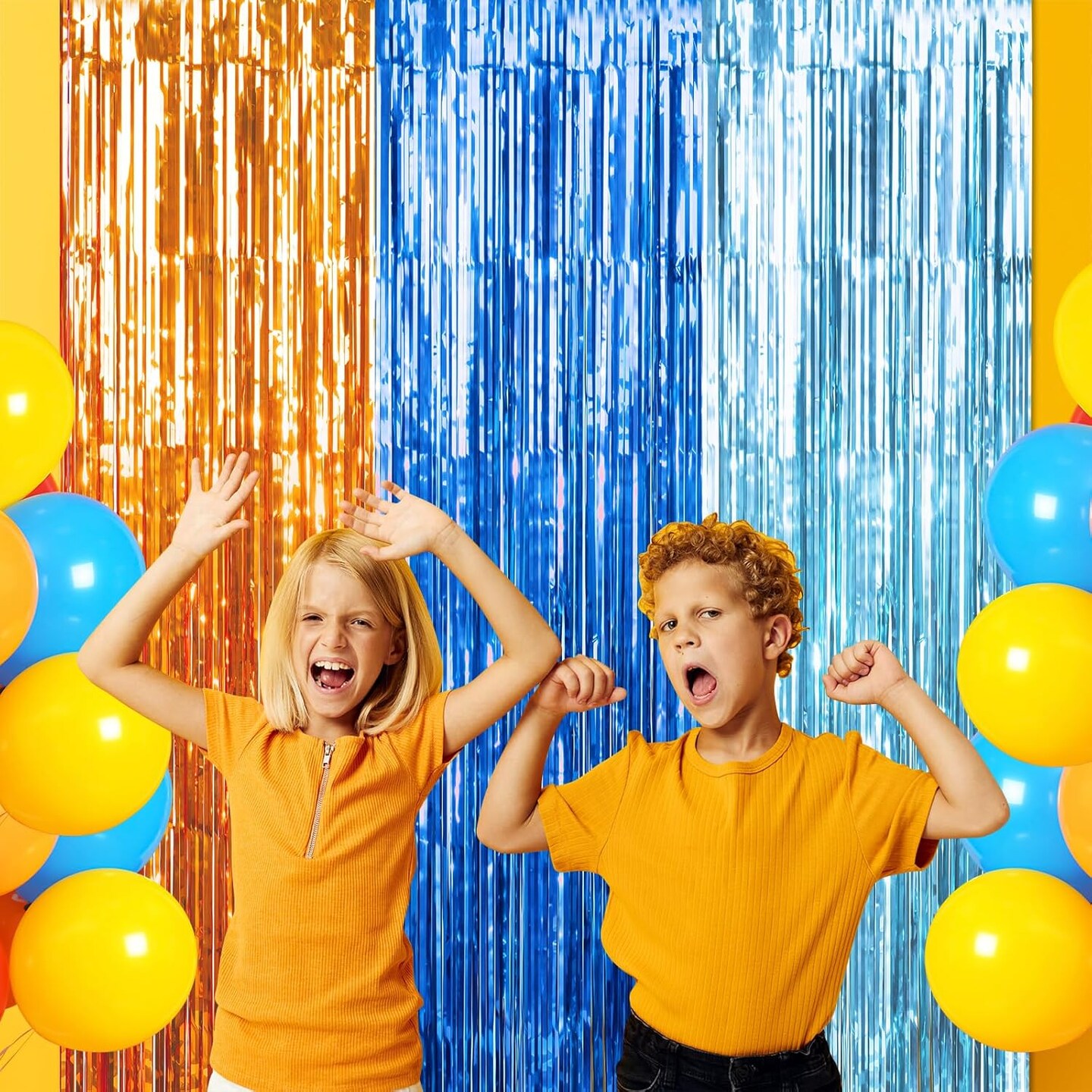 3 Pack 3.3X6.6Ft Blue Dog Foil Fringe Curtains Backdrop Decorations, Orange Blue and Light Blue Birthday Party Tinsel Metallic Streamers Photo Booth Background for Blue Dog Theme Party Supplies
