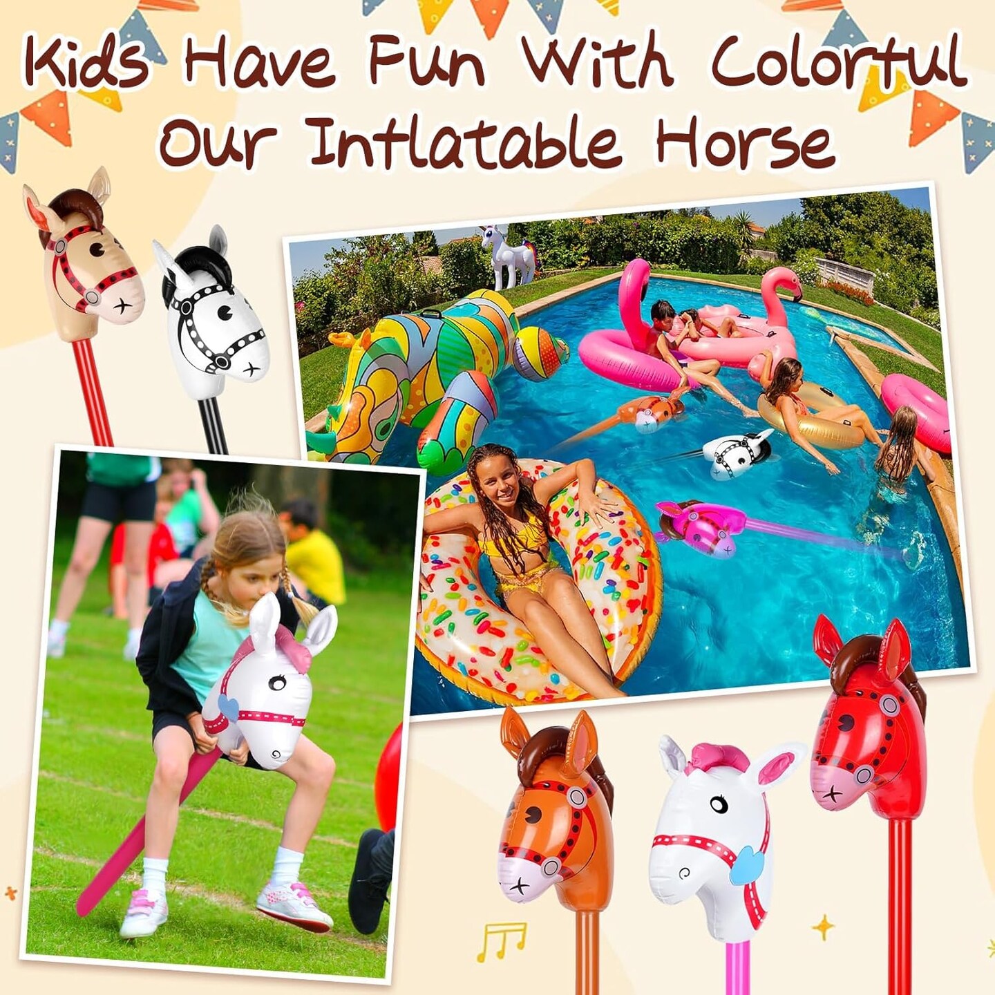 12 Pcs 40 Inch Inflatable Stick Horse Colorful Horse Head Stick Balloon Horse Birthday Party Supplies Pony Stick for Halloween Birthday Cowboy Horse Theme Party Supply, 6 Colors