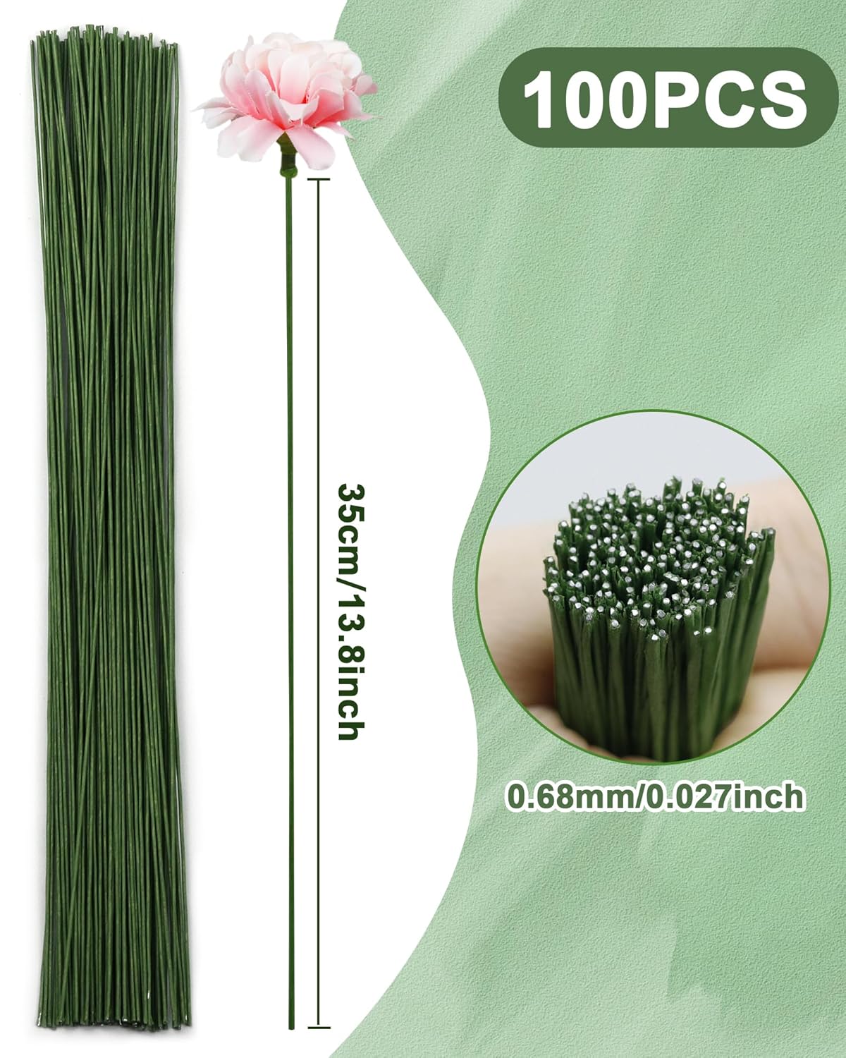 100 PCS 26 Gauge Green Floral Wire Stems for Artificial Flower Making,Florist Wire,Flower Wire for Crafts,Alambre para Flores for Wreaths, Flower Arrangements and DIY Projects